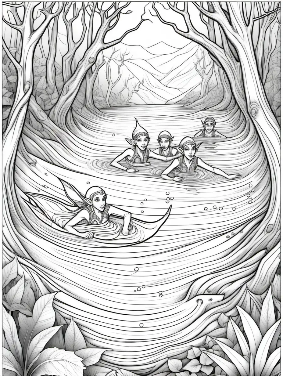 coloring page for kids, wood elves swimming, thick lines, low detail, no shading