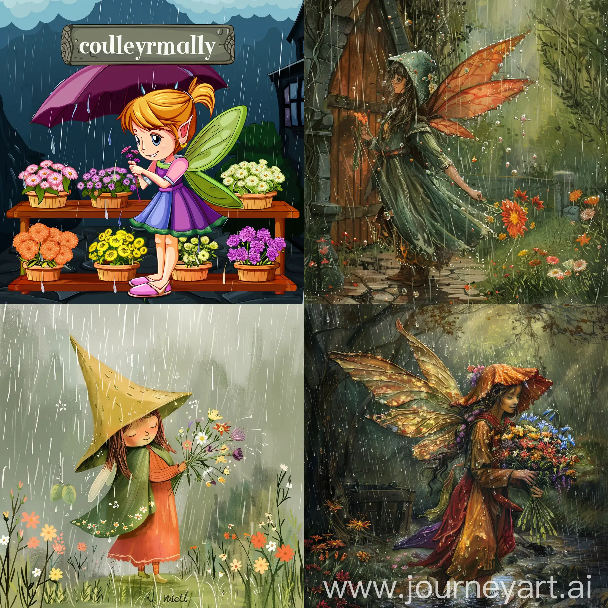 Fairy collect flowers in rainy wizard