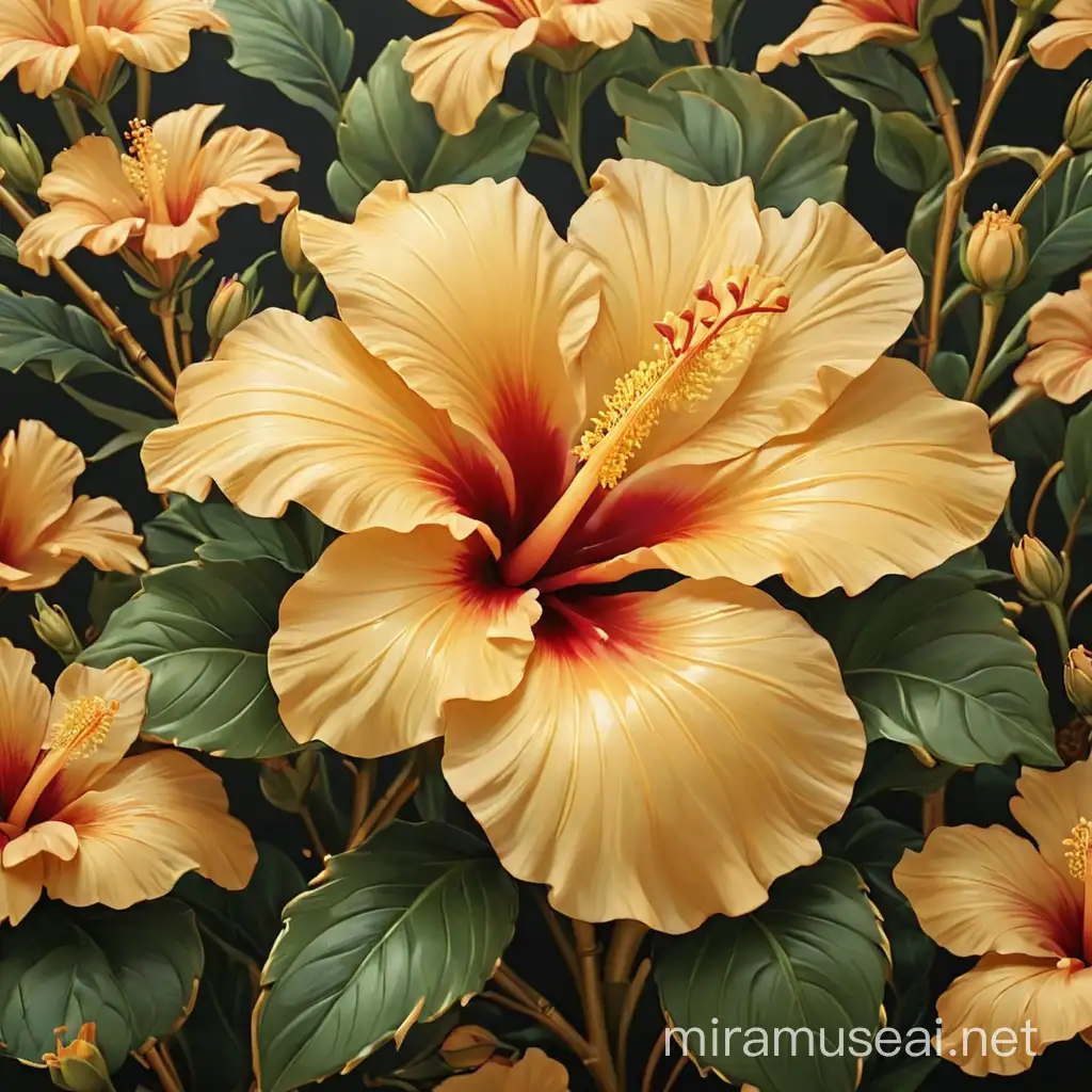 Luxurious Golden Art Deco Hibiscus Nature Background with Floral Elements