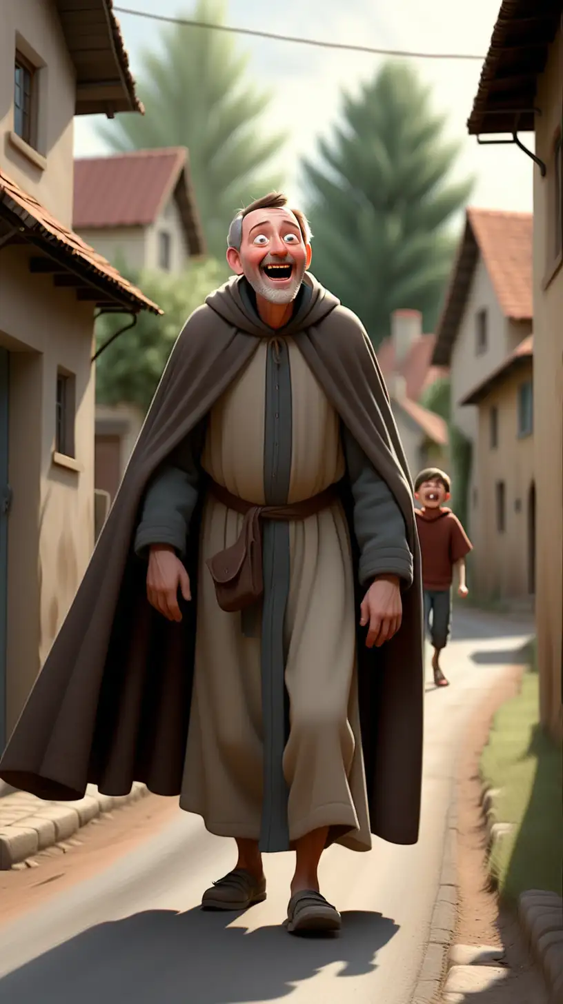 A heartwarming scene of the father, seen from a distance, spotting the young man returning, with an expression of surprise and joy. in the middle of a village road, the father is wearing a cloak,