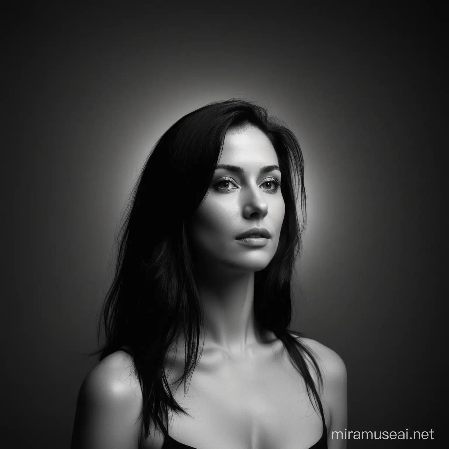 Black and white photography of the neck and head of a beautiful 30 year old woman with oval face and very rich and very long black hair. The camera shoots from her left side en prophile. Her head is turned toward left Lights come on her face. She poses indoor in front of a dark wall. 