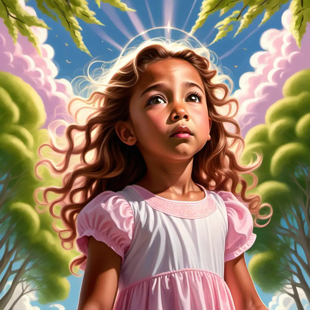 Flat art, children's book, cute, 5 year old girl, tan skin, light hazel head down, concerned expression , looking up, thick long tight curl brown hair, angelic, beautiful, pink and white dress , sun with rays, close up portrait, green nature, willow, trees, blue sky, pink, white and yellow clouds