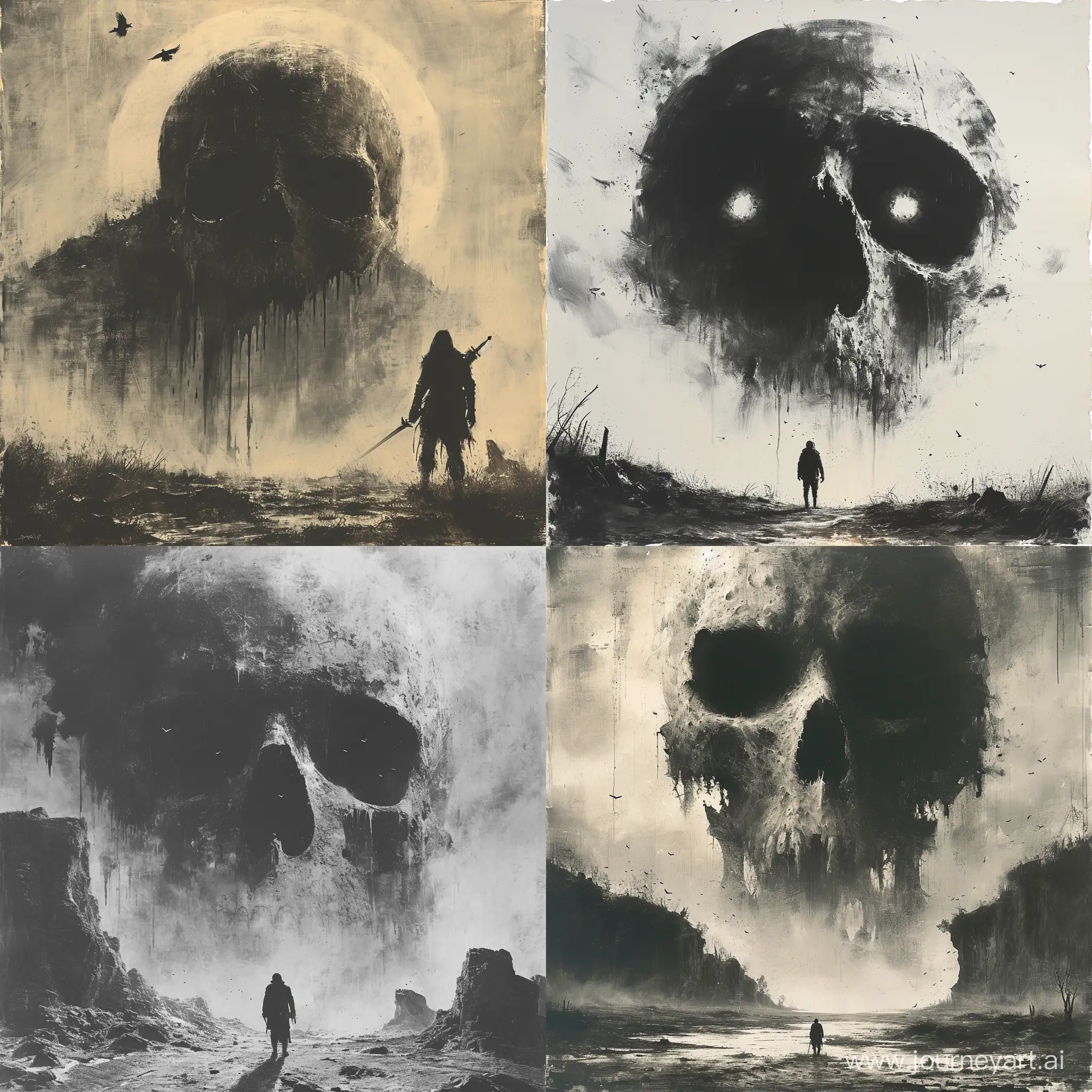 Warrior-Confronts-Giant-Skull-in-Desolate-Dusk-Landscape