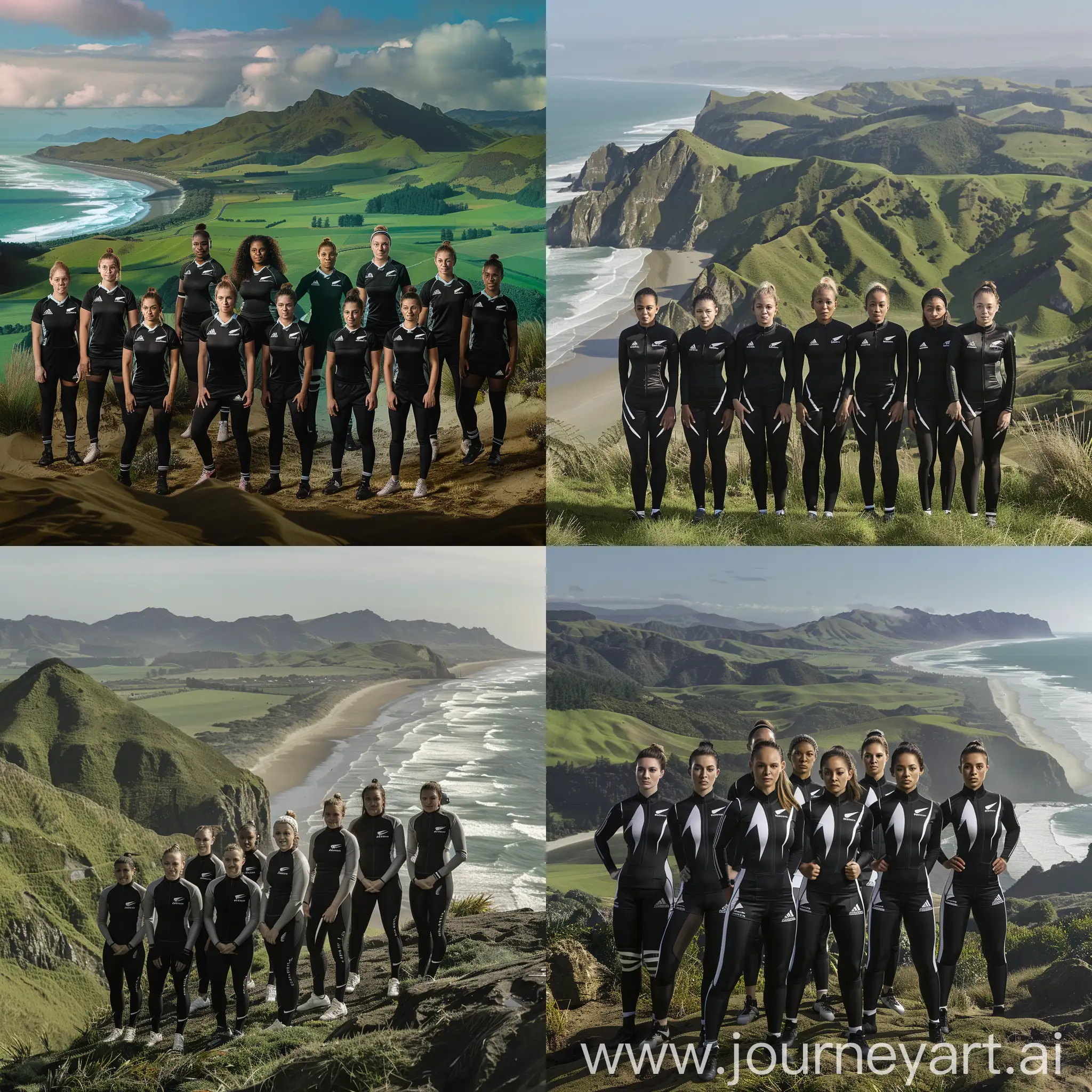 The real New Zealand Black Ferns women's 7s team of 2023 standing tall and proud in their sleek Black Ferns tracksuit uniforms against the backdrop of a stunning vista of New Zealand's breathtaking landscape. The rolling green hills, majestic mountains, and pristine beach create a breathtaking contrast to the team's black and white attire. The players are arranged dynamically, each with their eyes fixed forward and their bodies poised for action, emanating confidence and determination. The image captures the essence of strength, unity, and the indomitable spirit of the Black Ferns as they stand ready to conquer the rugby field. Against the serene beauty of nature, the team's presence is powerful and commanding, drawing the viewer's attention to their remarkable resilience and unyielding commitment to their sport. The players, each unique in their build and features, stand together as a symbol of diversity and inclusivity, united by their shared passion for rugby and their country. The image concludes with a striking view of the horizon, promising more exciting matches and victories for the Black Ferns in the year to come.