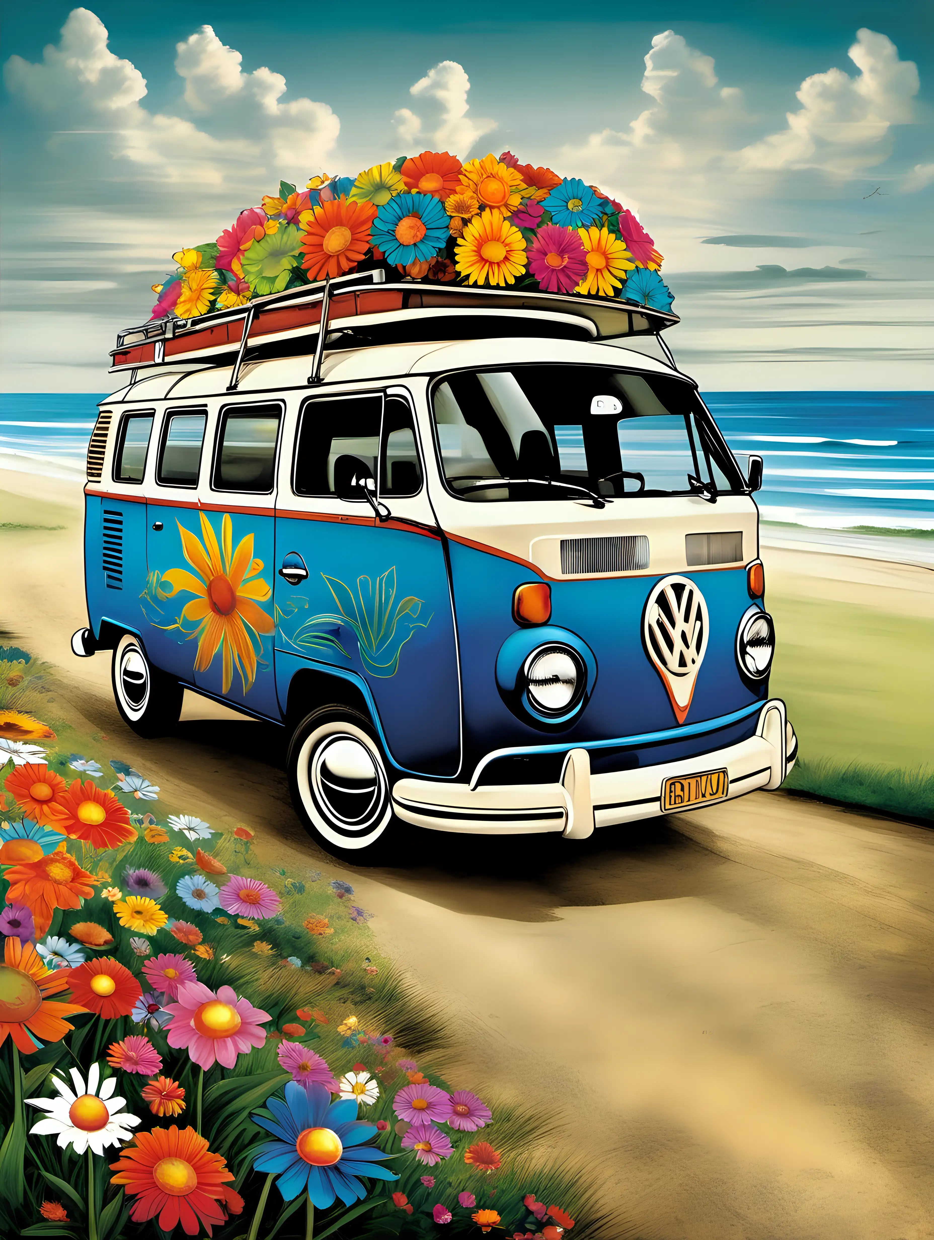 Create an image that embodies the concept of freedom through a vibrant depiction of a Kombi Van adorned with colorful flowers. Use your artistic skills to convey the carefree spirit of the open road, the 1960s or 1970s counterculture, and the sense of adventure associated with these iconic vehicles. Infuse the scene with a sense of nostalgia and the joy of journeying into the unknown or beaches no text 