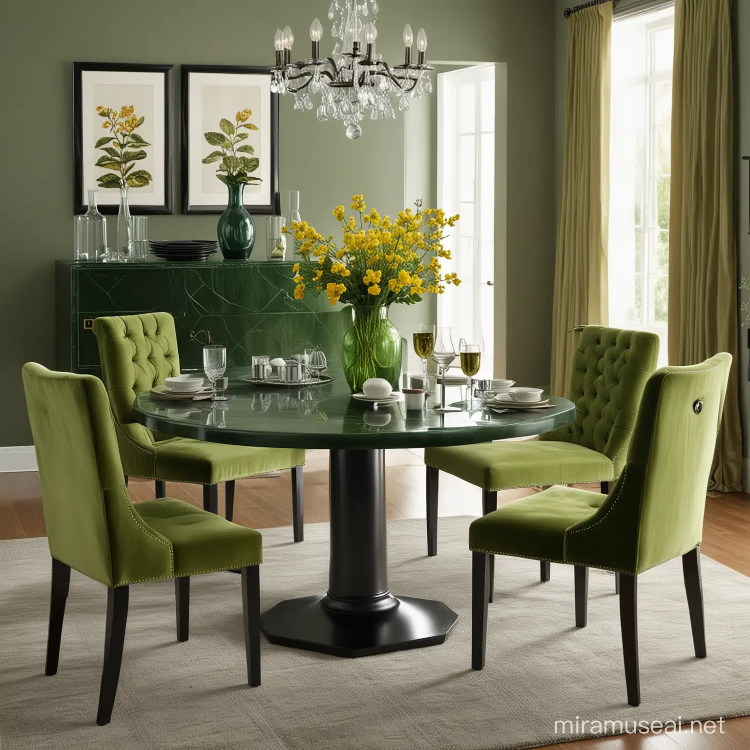 Luxurious Dining Room with Green Velvet and Leather Furniture