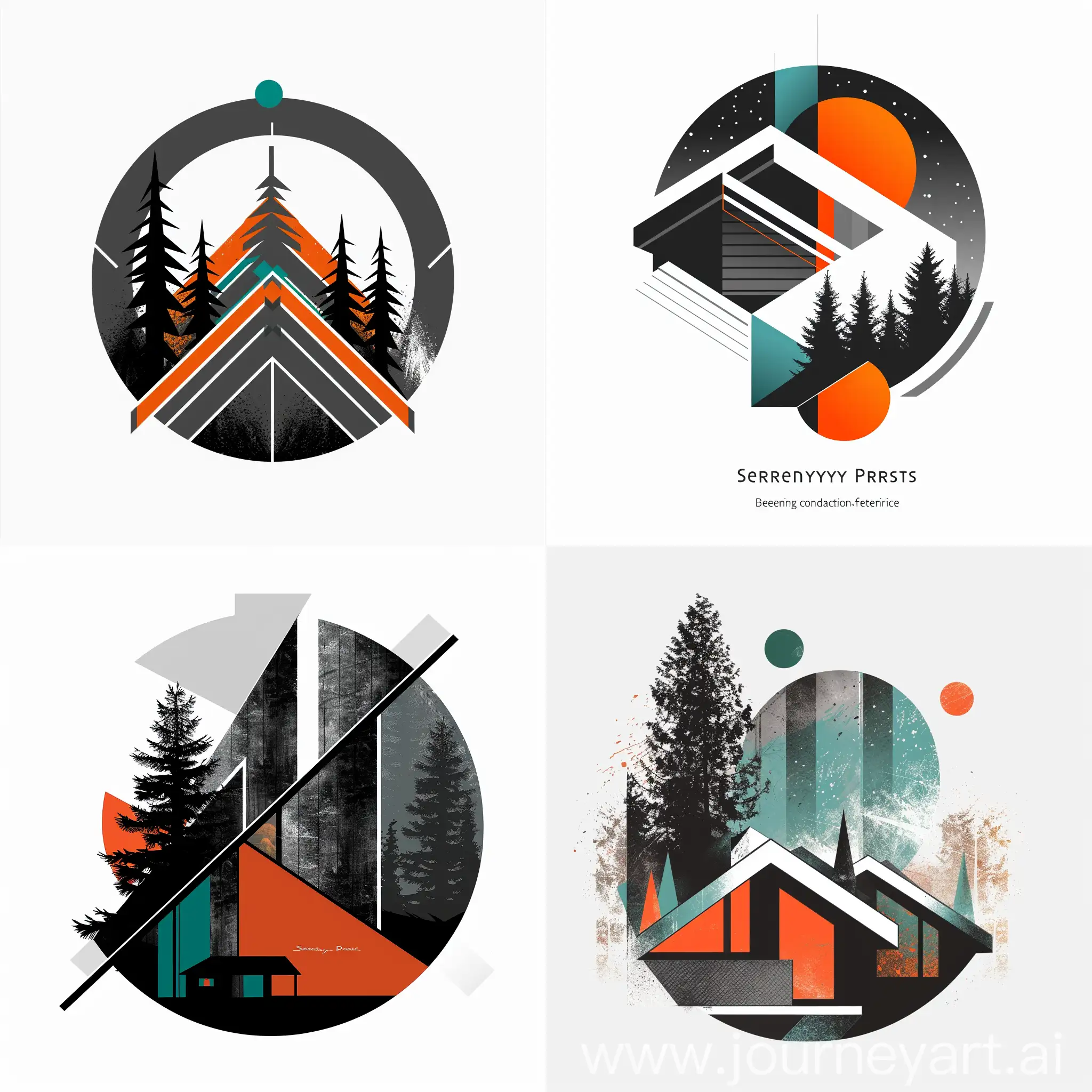 Modern and Eye-Catching - Cabins Rental Company Round (Circle shape with transparate or white background) Logotype fot Companys Website  Style: Bold geometric shapes with contrasting colors. Image: An abstract representation of a cabin roofline with a stylized tree incorporated into the design. Company Name: "Serenity Pines" Additional Notes: Use a striking color palette like charcoal grey with a vibrant orange or turquoise accent with white background.  Be Specific: The more detail you provide, the better the results. Keywords: Include keywords like "cozy", "rustic", "modern", "nature" to guide the AI's style. Iterate: Generate several variations on each prompt, playing with different color palettes and minor adjustments.
