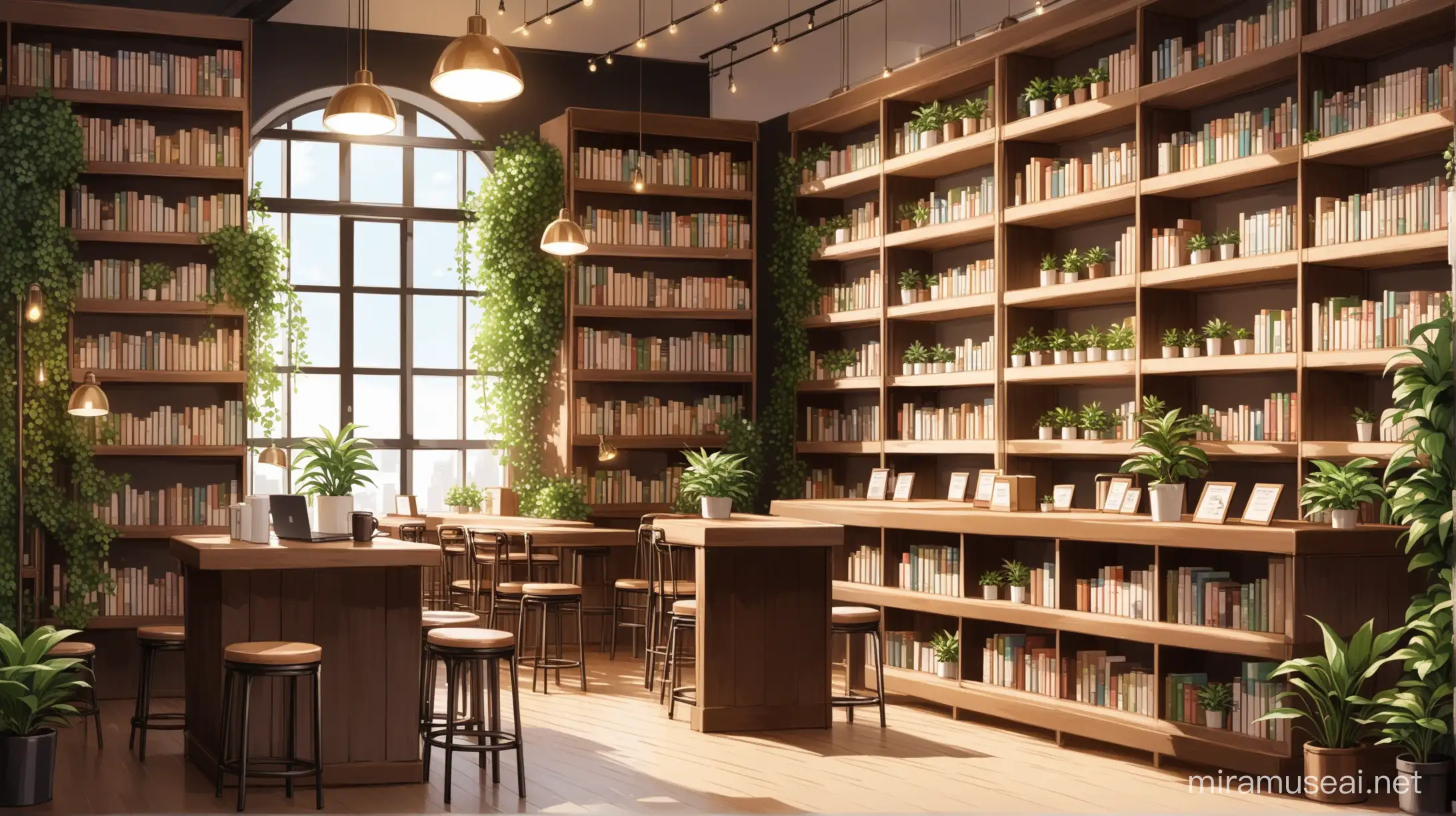 create me a background of a coffee shop library with lots of small plants decorating the place