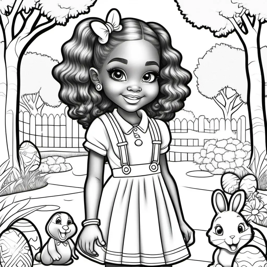 adult coloring book, outline image, no greyscale, no color, no shading, outline hair only, cute little black girl, coloring page style, beautiful black woman, full body, fully dressed,  
fun backgrounds, playing with easter bunny at the park, coloring book lines