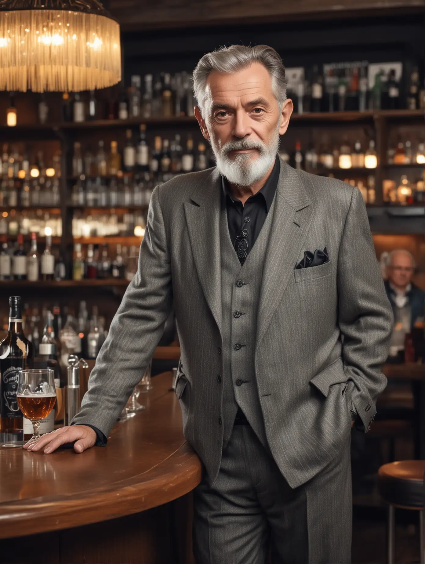 An old man about 54 years old, gorgeously dressed, fashionable and avant-garde, in the background of the bar, the camera is focused, elegant, facing the camera, with exquisite facial features, full body photo