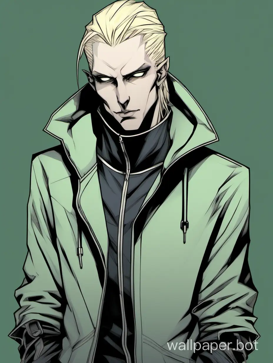 villain-coded, vampire man, tall, slender, androgynous, ash blond hair, hair length down to chin jaw, elf-like, hoodie, cyberpunk, sadist, pale green-grey eyes, half-closed eyes, defined under eyes, angular arched high eyebrows, high browbone, sleek cheekbones, pale skin, pale lips, long angular face, pronounced frontal process of maxilla, mechanist, mechanic, inventor, artificer, pointed ears, smooth chin, long nose, young adult, modern, grunge, charming, roguish, smirk, lounging, smug, pretty