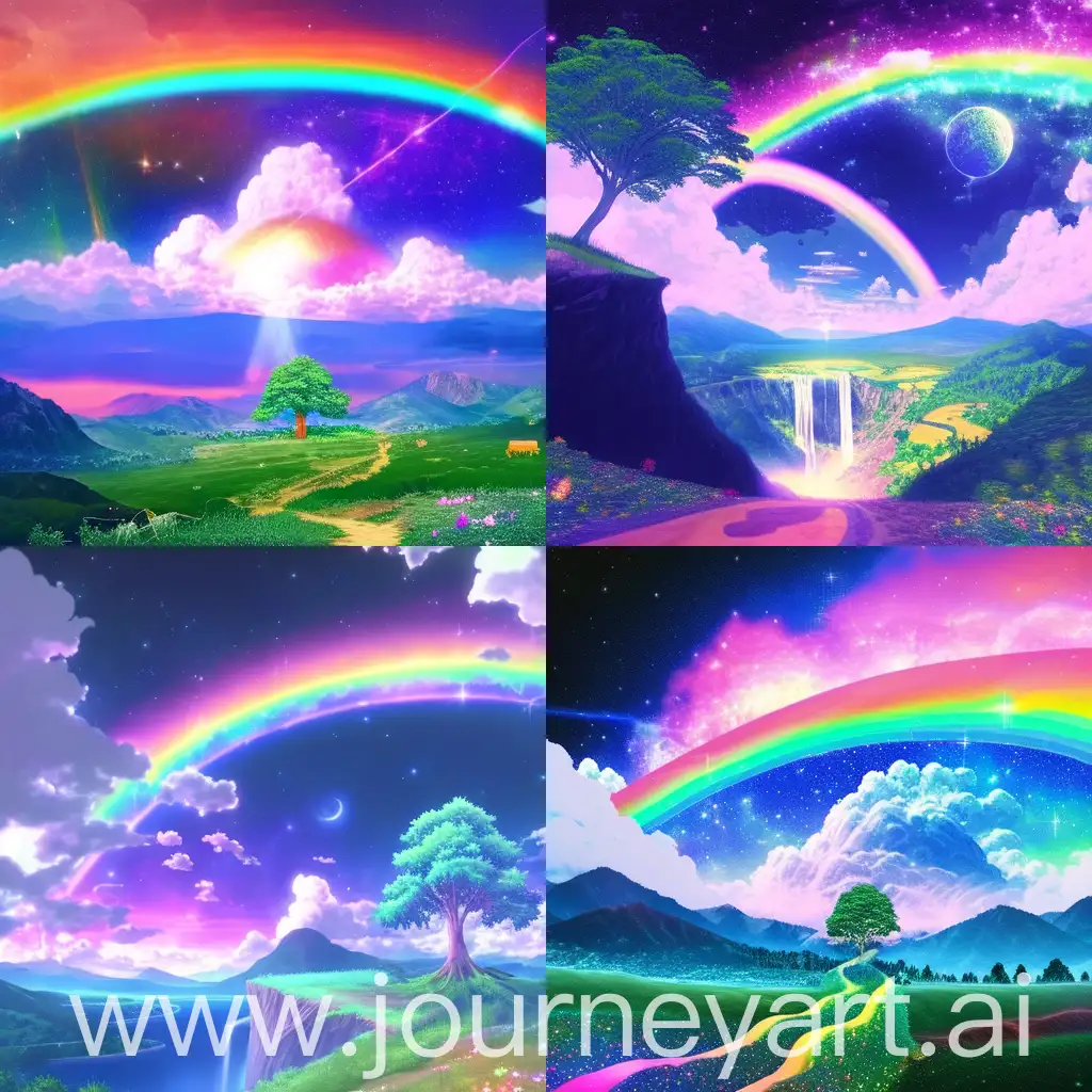 Niji anime style, with vibrant colors and realistic details with influences from Studio Ghibli.  Illustration of a stunning nightscape, with a bright starry sky mixing with soft clouds and galactic colors.  There is a large, sturdy tree in the center of the image, highlighted against the celestial backdrop.  Rolling green fields stretch to distant mountains under the luminous spectacle of the sky.  Perspective with predominance in the starry sky.