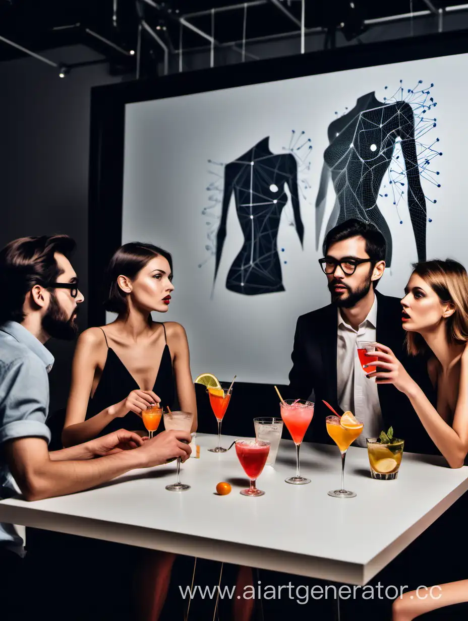 create an image of a party where art directors, models, designers and directors show their presentations, drink cocktails and discuss neural networks
