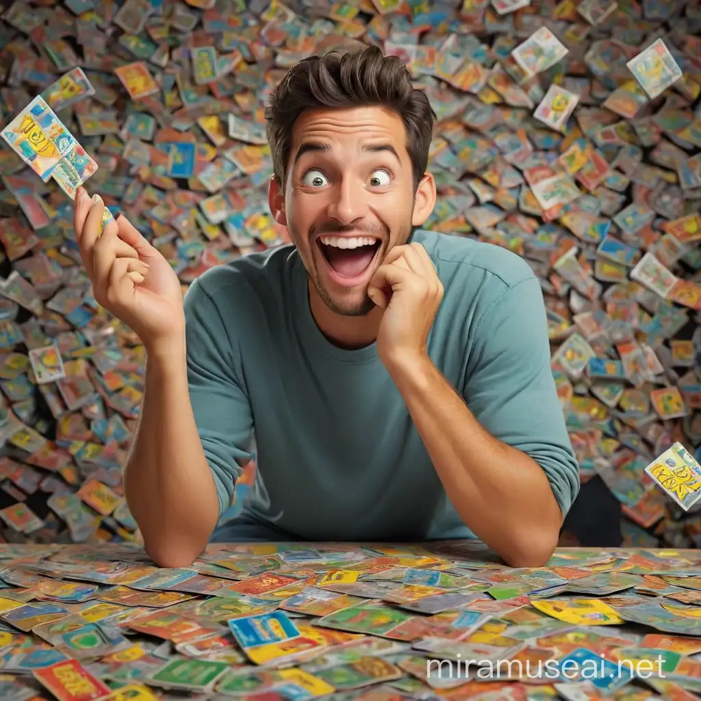 
"Generate an image of a joyful man sitting next to a large pile of scratch cards. He's just scratched a winning card and his expression is one of pure happiness and surprise. Make sure the scratch cards are colorful and the winning card is clearly visible in his hand, emphasizing the excitement of the win."