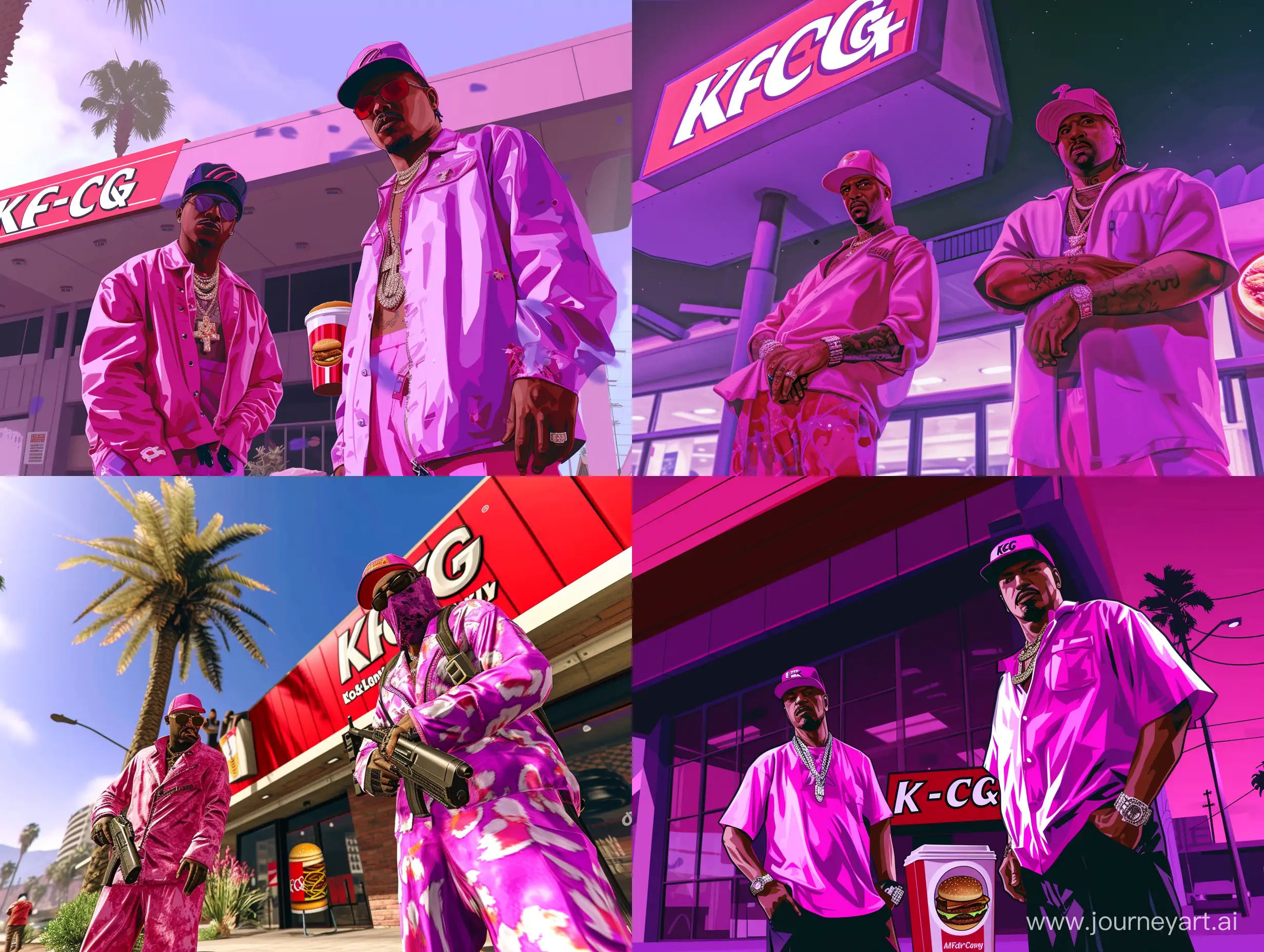 gta vice city, grand theft auto style,2 gang members, standing in front of a kfc , extremely detailed, high quality, pink and purple theme