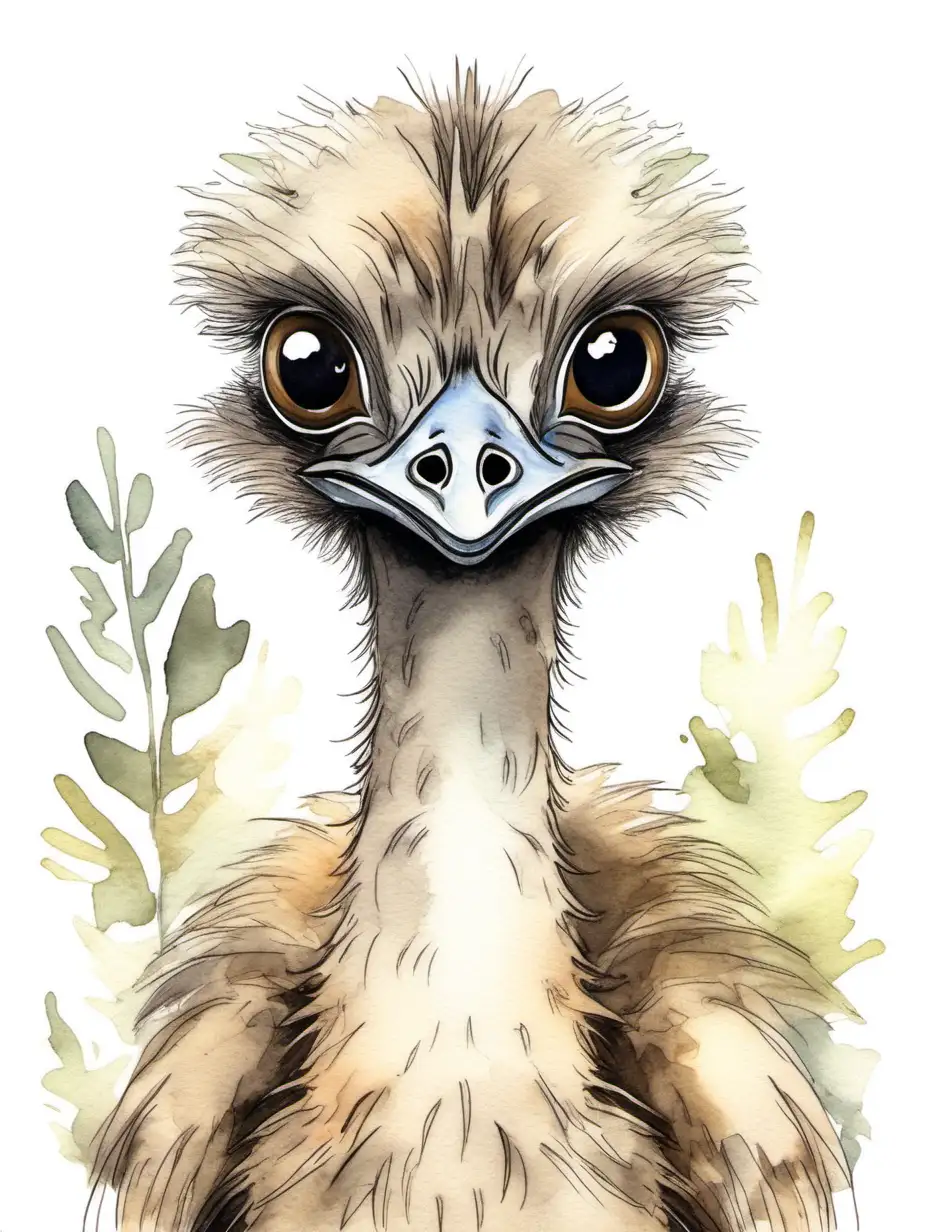 Water colour, drawing of a cute babe emu, big eyes, neutral, woodland style