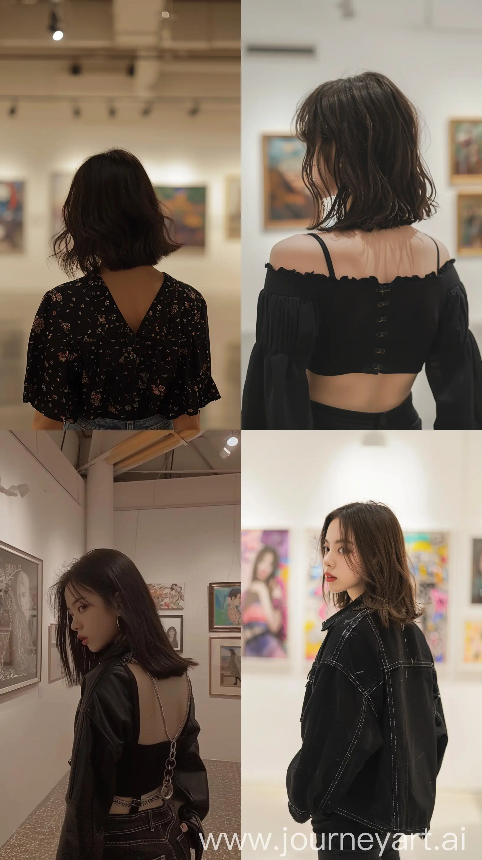 a blackpink's jennie with medium hair, inside a gallery art, back body, taken picture by iPhone --ar 9:16
