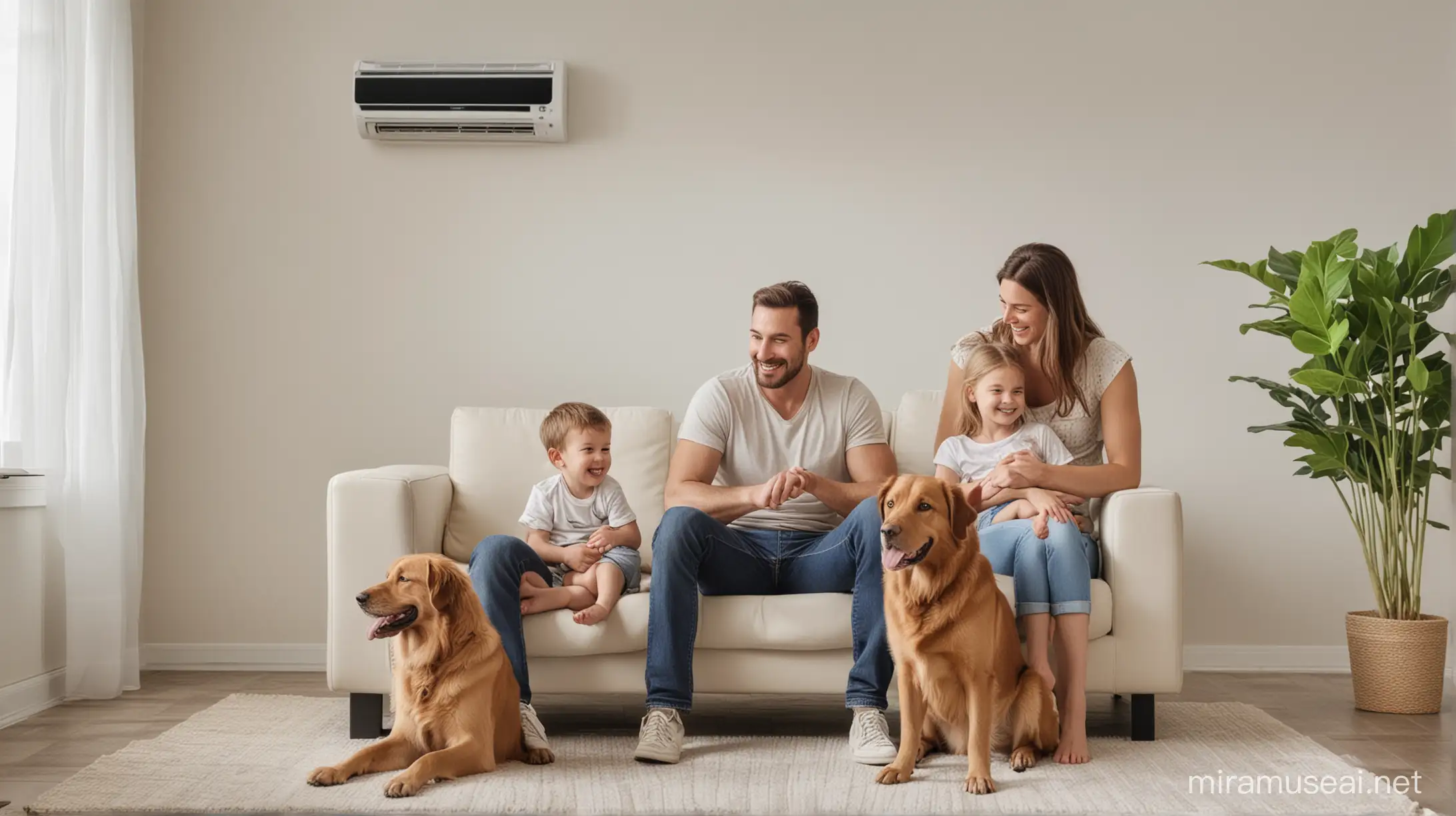 family (one father, one mother, two children and a dog) in a living room above an air conditioner