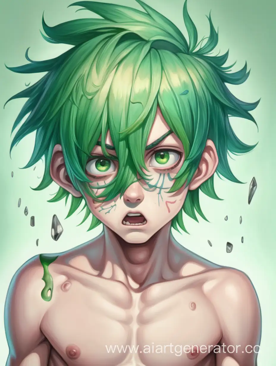 Мальчик полураздетый, красивый но странный с зелеными волосами, испуган, много деталей