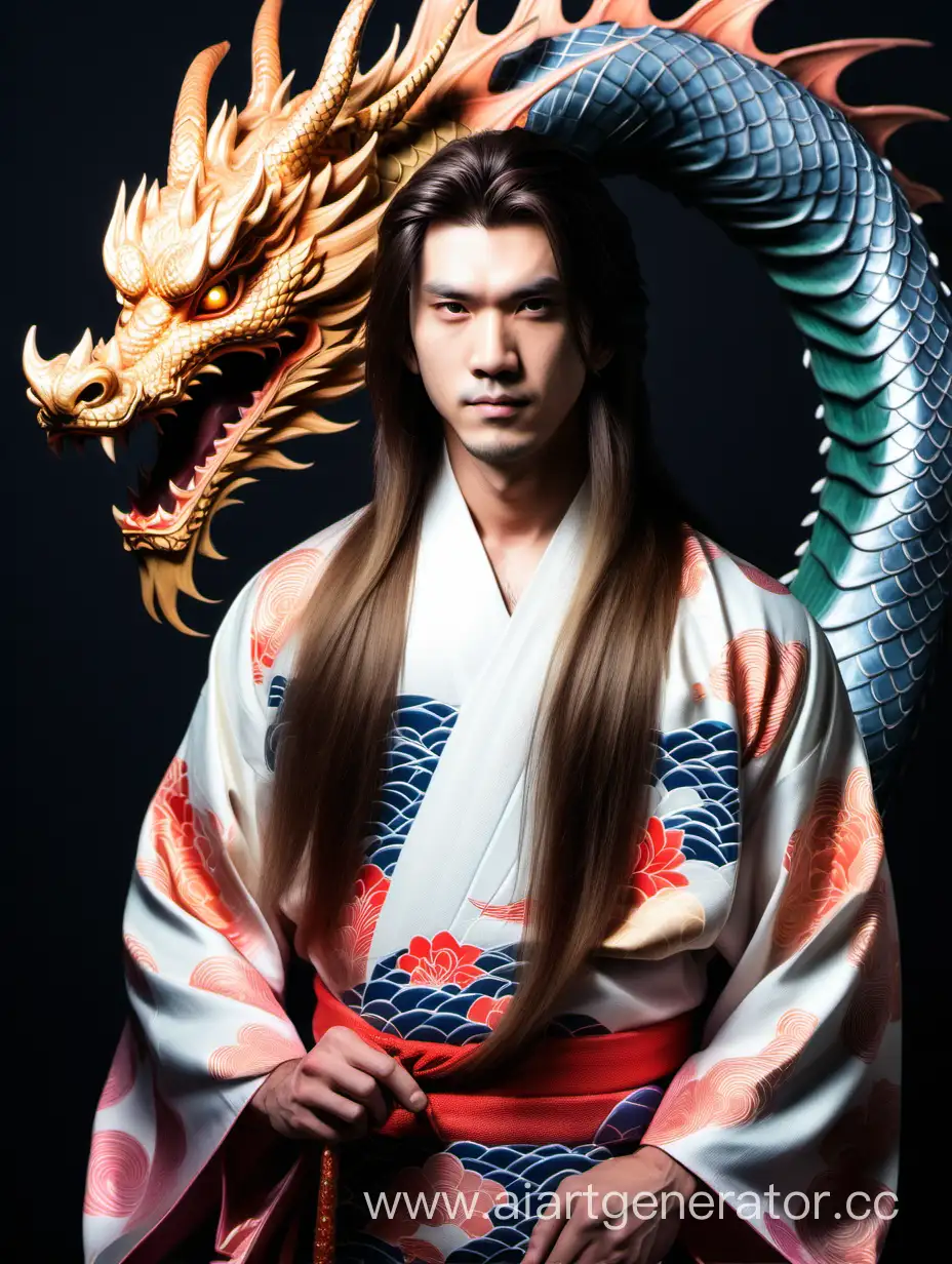 Парень с длинными волосами в кимоно а сзади него большой дракон