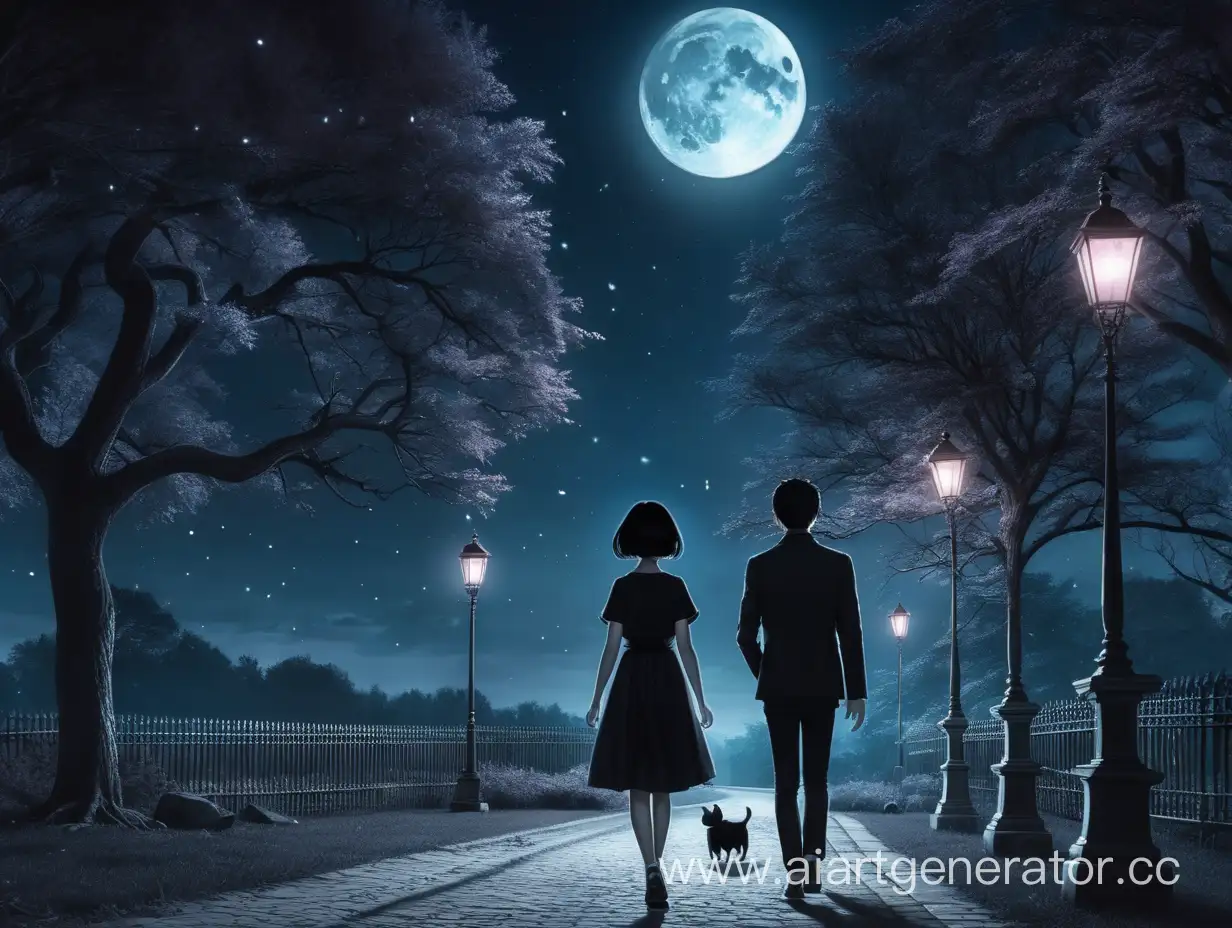 Девушка с короткими черными волосами гуляет по ночному парку под светом луны с Люцифером из Секрет небес Клуб романтики