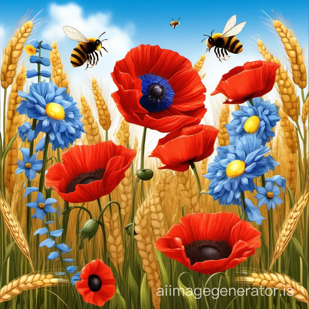 Generate an image featuring a composition of flowers including red poppies, cornflowers, sunflowers, forget-me-nots, bees, daisies, blue sky  and wheat in a Ukrainian style.the sizes of flowers should be proportional to real sizes.