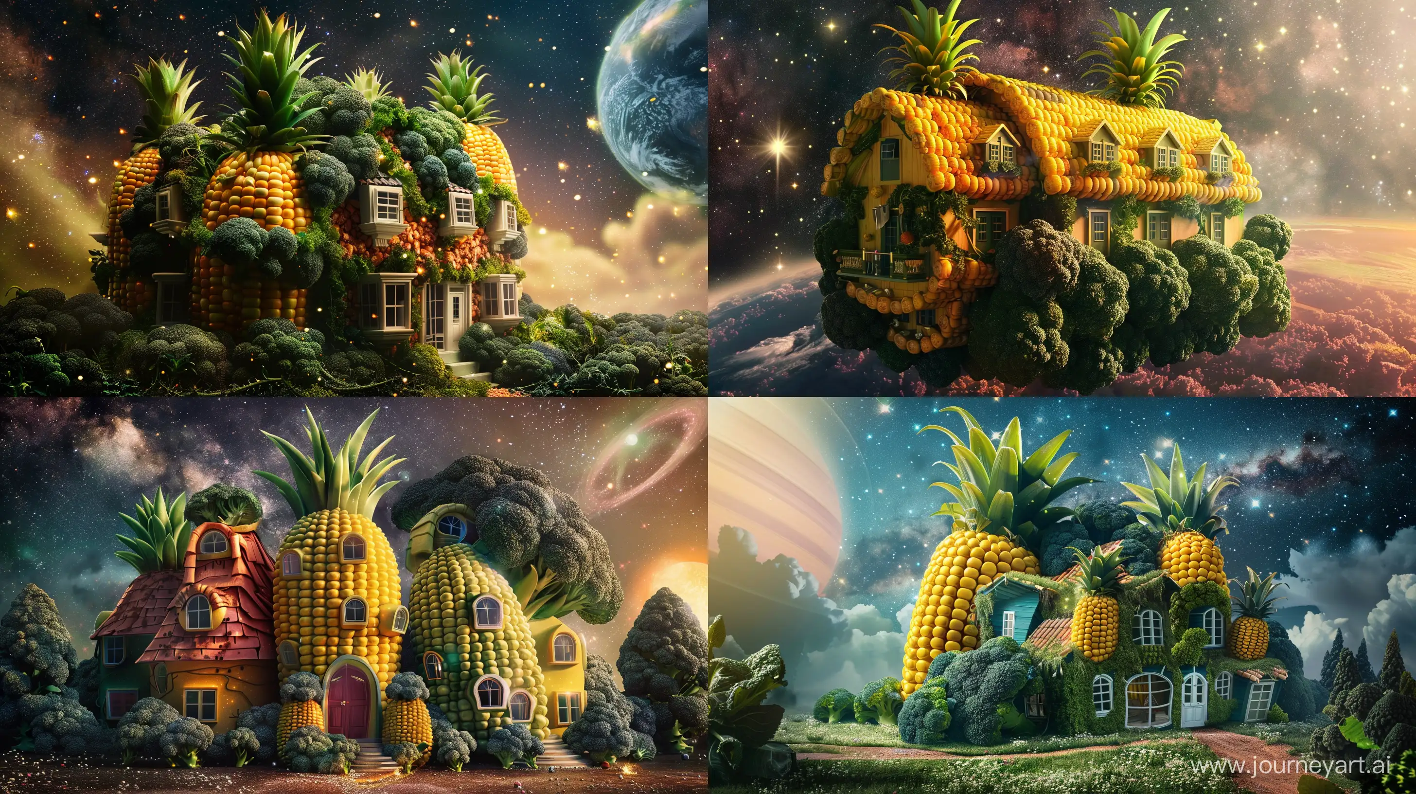 big house in the shape of corn and pineapple and broccoli, in the galaxy, fantasy style, realistic --ar 16:9