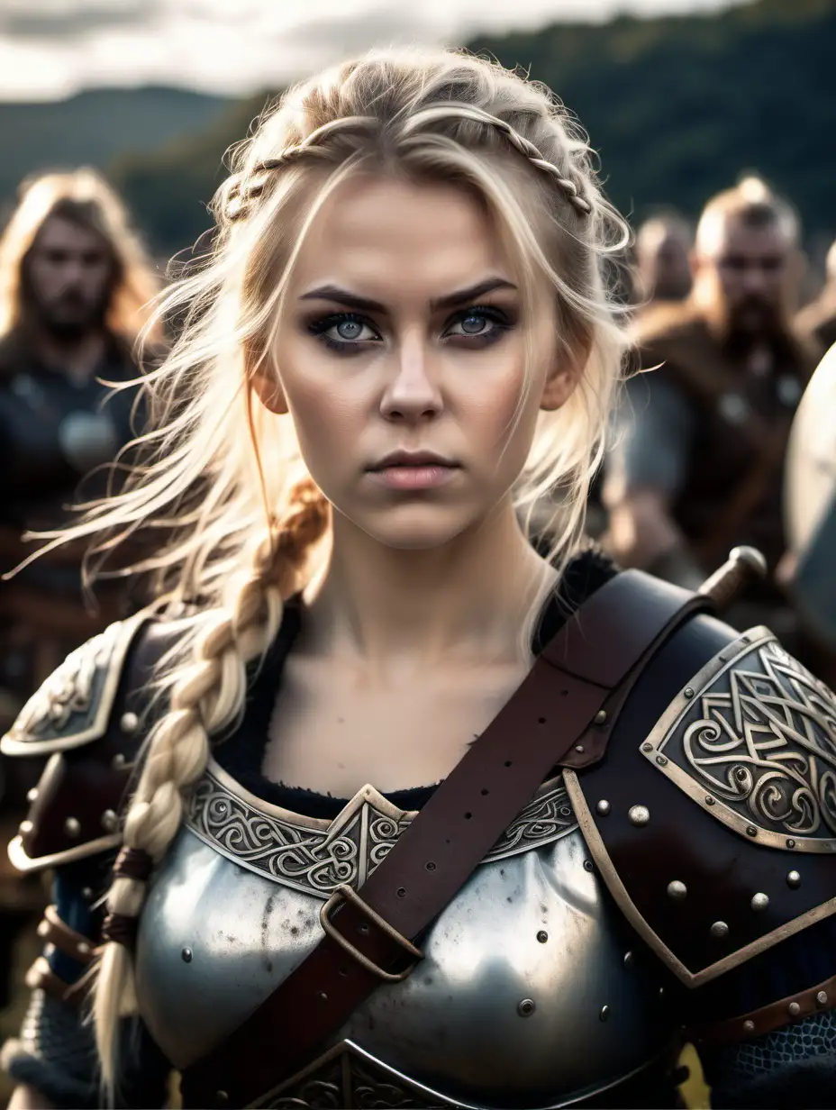 Beautiful Nordic woman, very attractive face, detailed eyes, big breasts, slim body, dark eye shadow, messy blonde hair, wearing a Viking warrior cosplay outfit, holding a sword, close up, bokeh background, soft light on face, rim lighting, facing away from camera, looking back over her shoulder, standing in front of a huge battle, photorealistic, very high detail, extra wide photo, full body photo, aerial photo