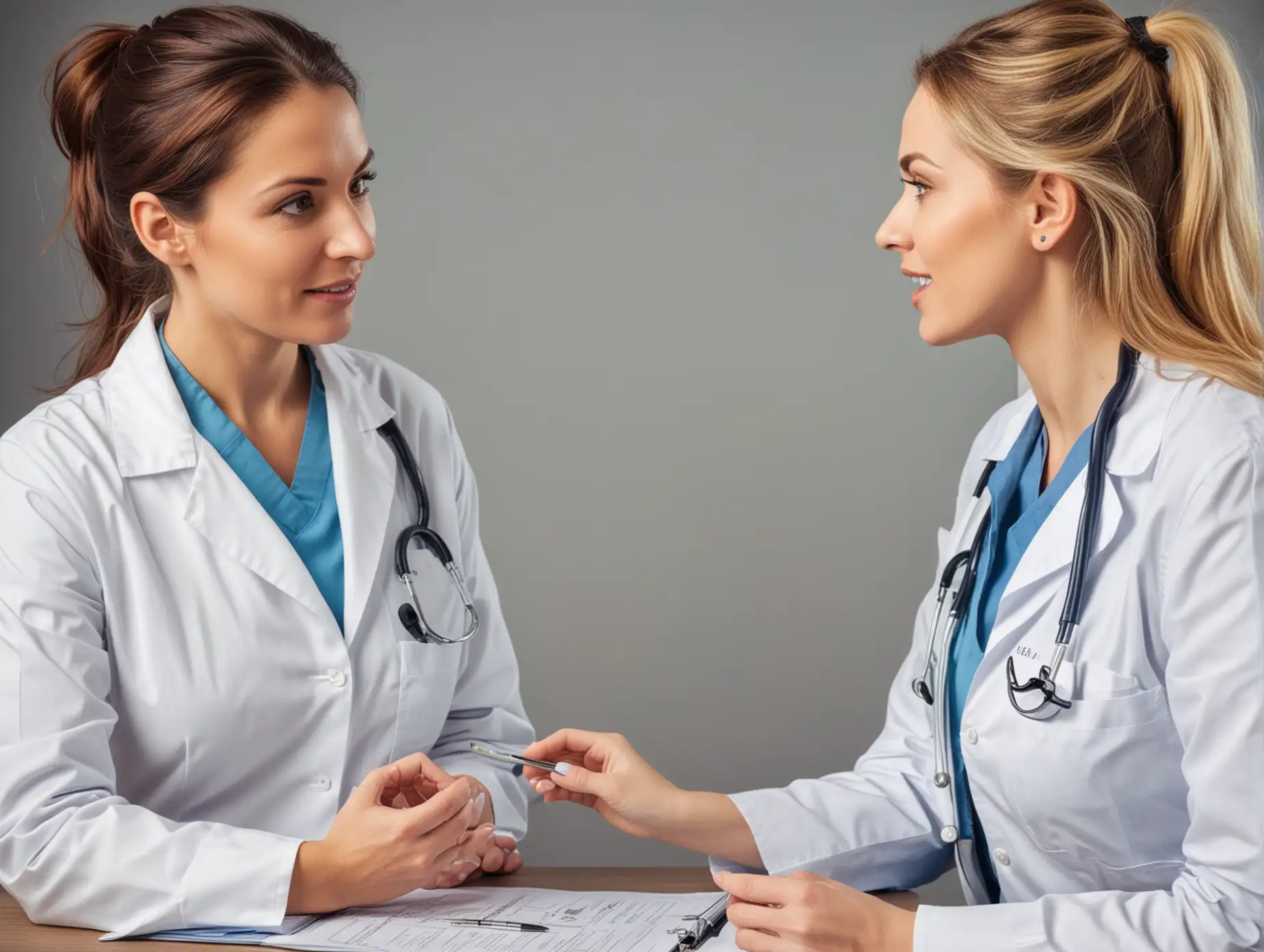 Two large breasted women doctors discussing kidney function