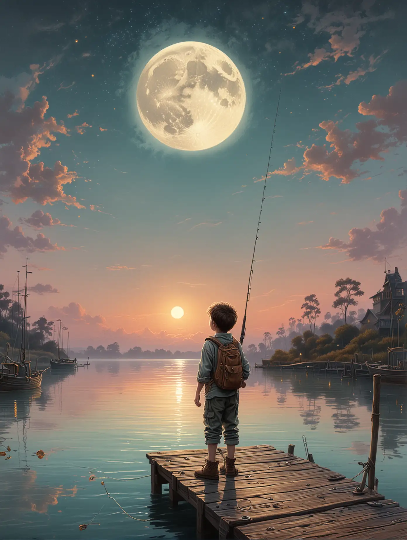 little boy standing on a dock, holding a fishing rod, looking up at the big moon, pastel colors, vintage, kerem beyit, by Daniel Merriam, esao andrews, ornate, by Kerembeyit, inspired by Daniel Merriam, by Jan Kip, daniel merriam, highly detailed digital artwork, antique, vintage, dusty, and rugged illustration, poster composition