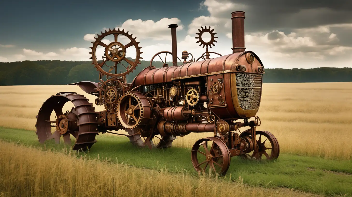 Vintage Steampunk Tractor Amidst Rustic Fields
