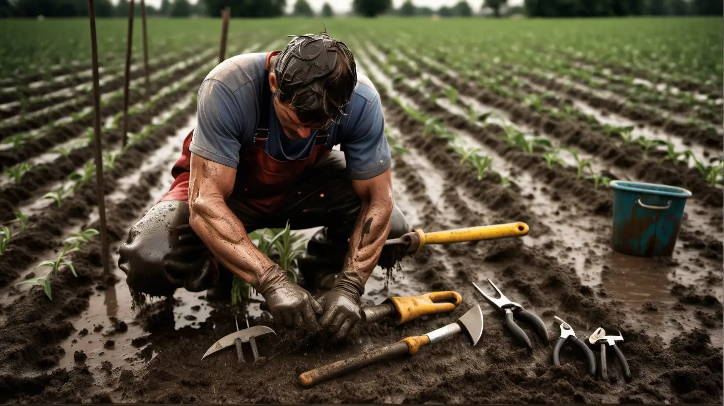 Depict a person working on a farm, sweat-soaked and surrounded by tools, showcasing the physical labor and resilience required in agricultural work.