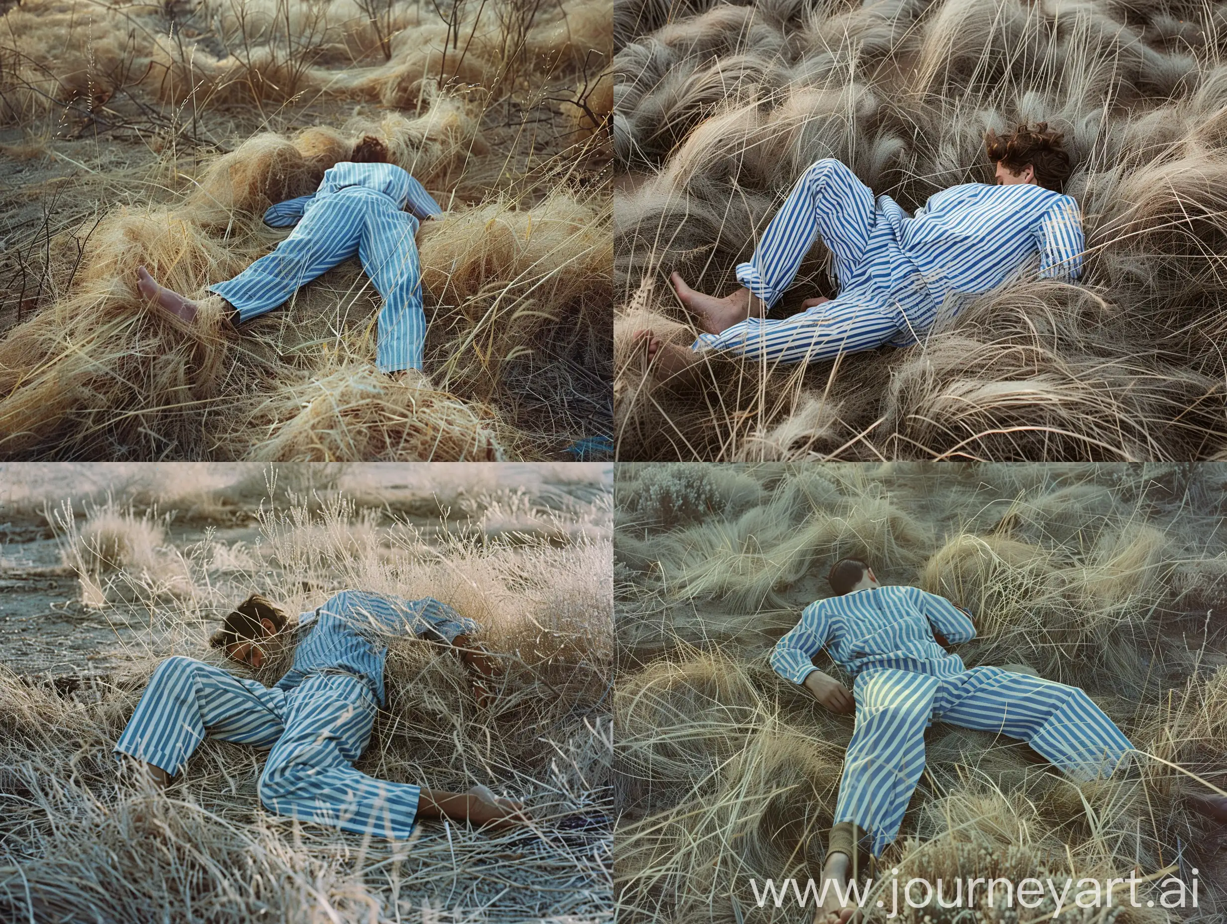 A man lying in the grass, surrounded by a lot of long barren grass, wearing a blue and white striped trouser shirt, disheveled, the shot in this picture is close to the legs