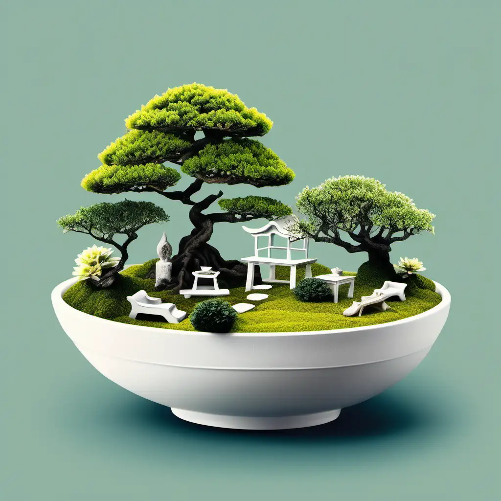 illustration of a miniature garden in a white round bowl, planted with a bonsai in the center, minature decoration in white
