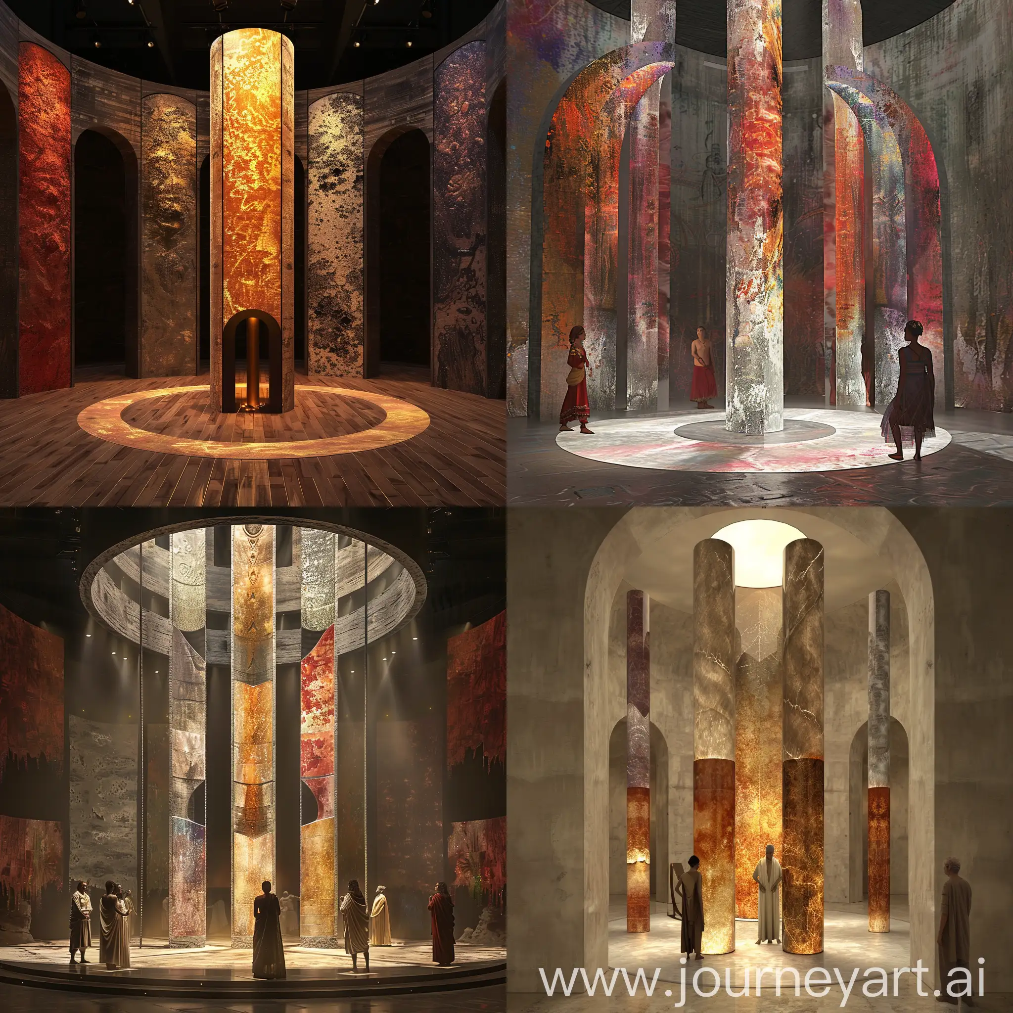 Create a central pillar or a series of arches as the focal point of the performance space or a prominent foyer area.Each section of the pillar or arch would represent one of the nine rasas using a combination of visual elements, textures, and potentially even lighting effects.