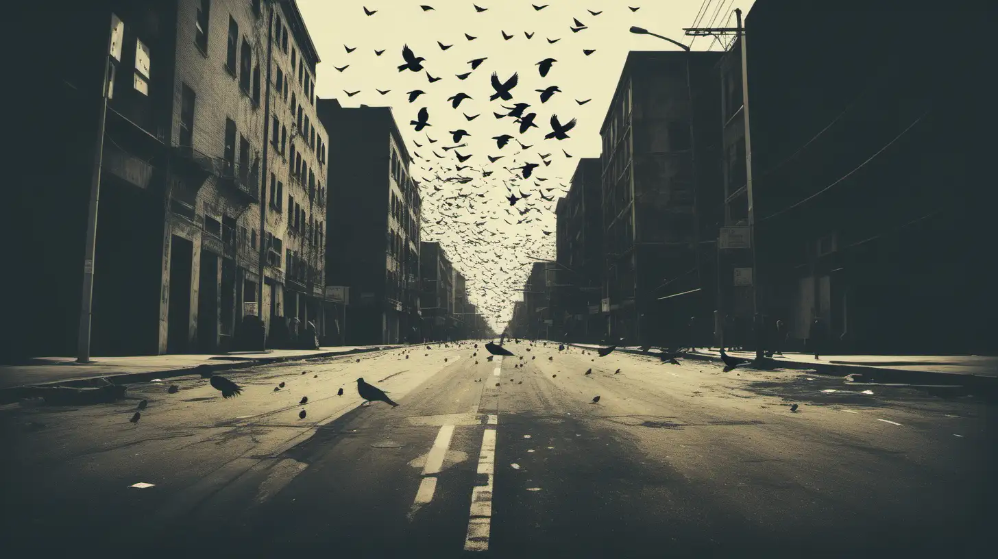 Urban Street Scene with Grunge and Flock of Black Birds in Flight