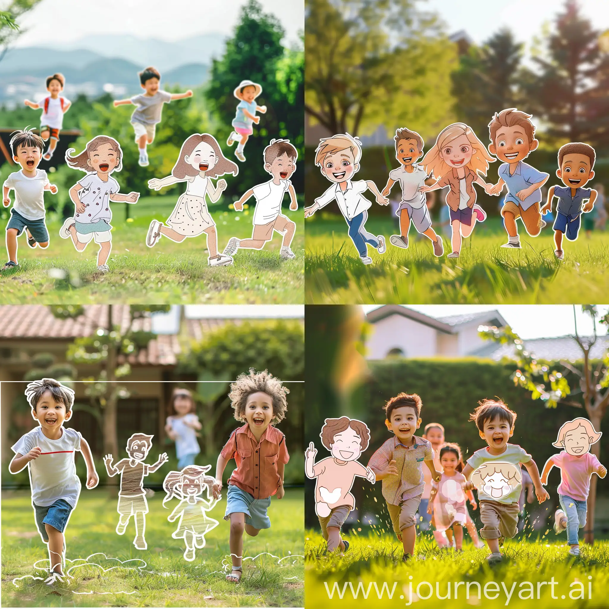Children are running happily on the grass. In the photos, the characters are smiling, with clear outlines and realistic facial features.