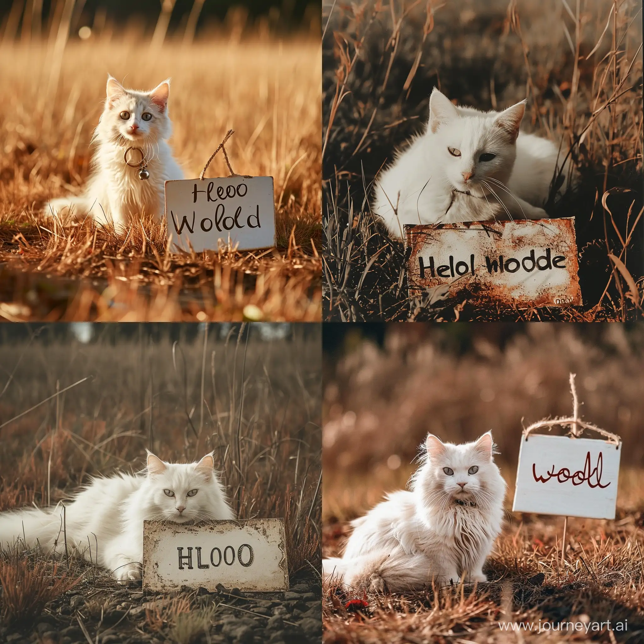 A photo of a white cat with a sign that says "hello world" in the field.