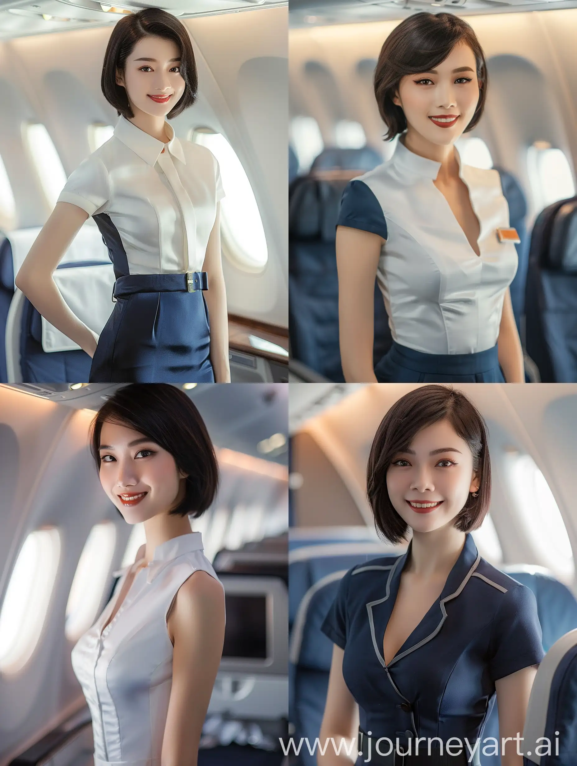 Woman, 30 Years Old, Chinese, Femininity, Slim Body, Flat Chest, Dark Short Neat Hair, Makeup, Professional Look, Modern Stewardess Uniform, Standing in Airplane Cabin, Smiling, Proud Pose, Close Up View, Photography, Realism