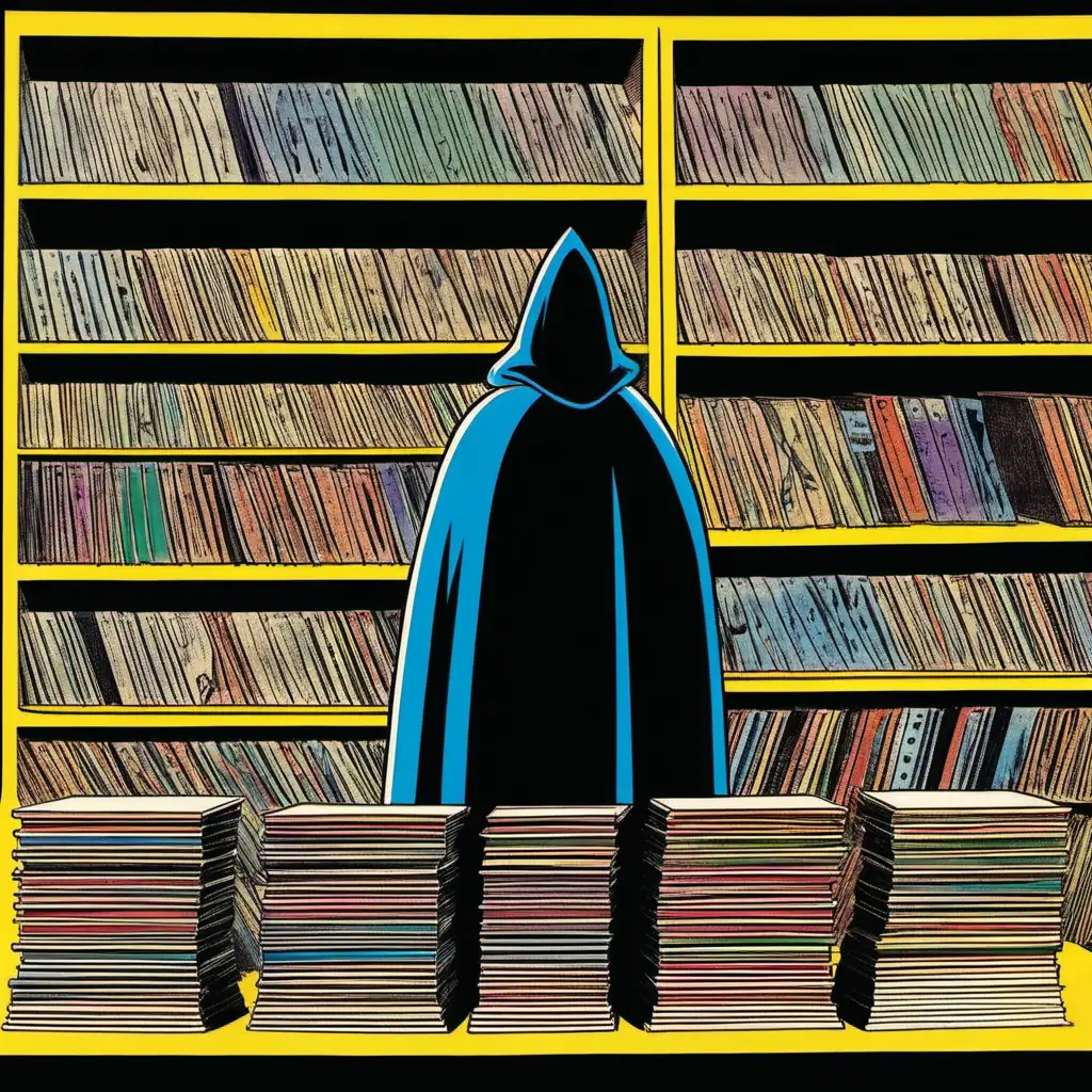 little cloaked hooded cartoon character looking at shelves of records lp albums, 1960s cartoon, hanna barbera