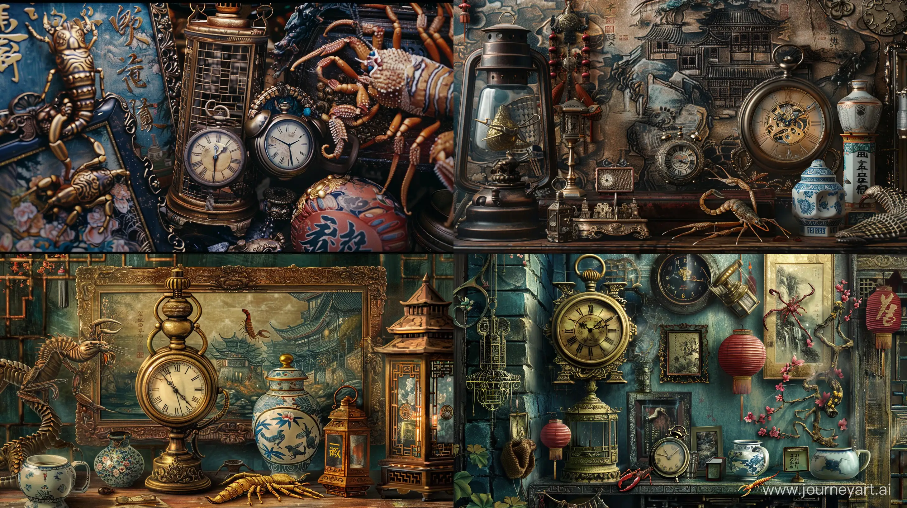 **elegantism, insane detail, painting masterpiece ,Extreme authentic decor , pocket watch, lantern, porcelain, ink painting, scorpion, perfect exact rendering, embellished and intricate architectural ornamentations, many china and japan artifacts, greebles::2 --ar 16:9 --q 1