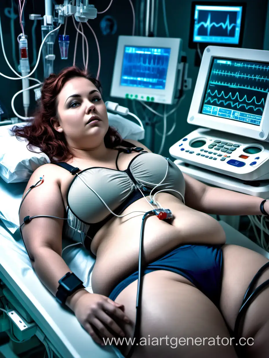 Young adult woman lying down in a futuristic medical laboratory. She is slightly overweight. She is connected to an ECG, the heart monitor electrodes are affixed to her chest and connected to the monitor by cables. A tube connects a catheter to her bladder and drains urine through a tube between her legs. She is wearing an underwire bra. Medical devices and probes monitor her vital signs.
