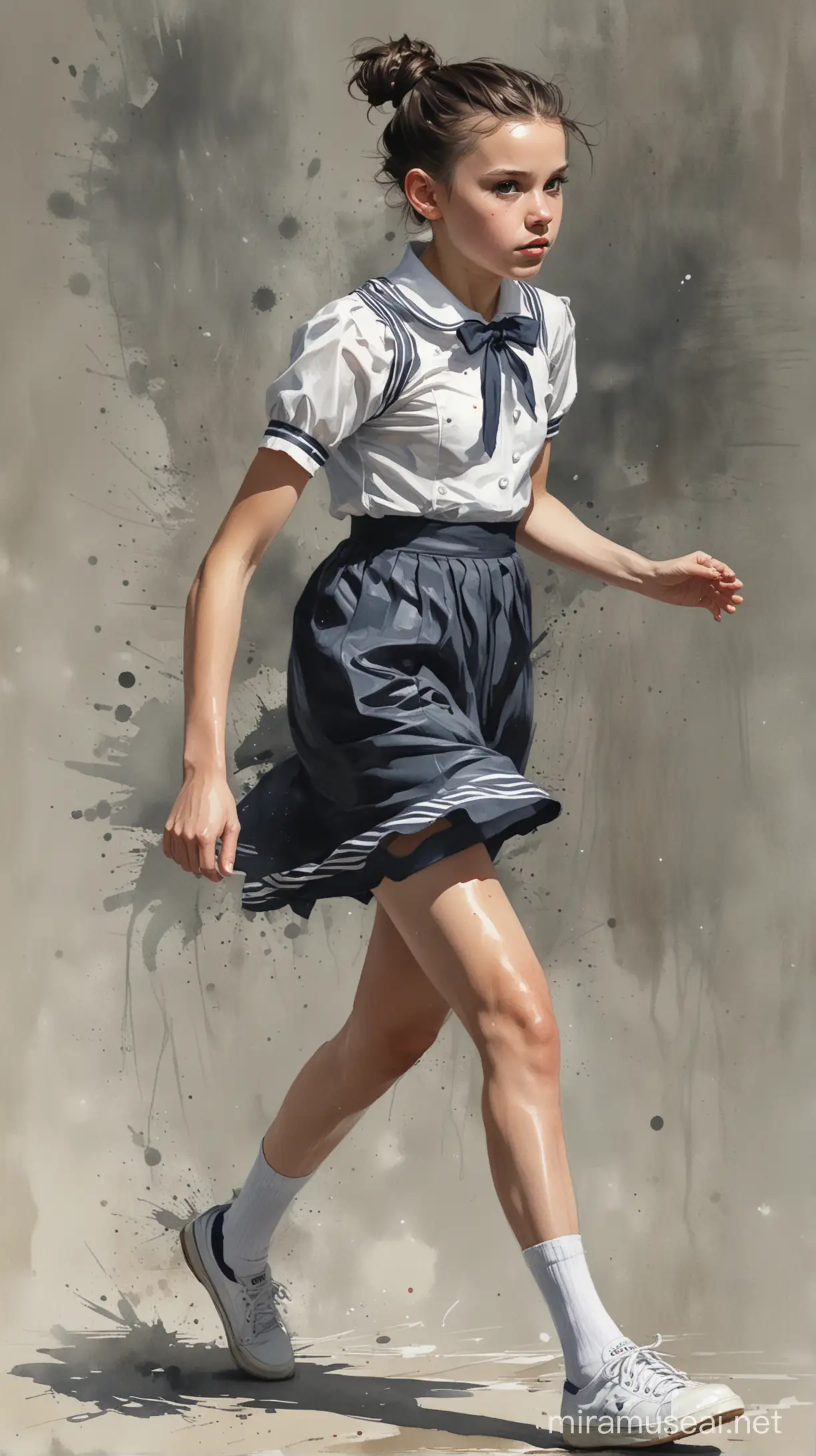 Alex Maleev illustration depicting preteen child Millie Bobby Brown wearing sailor school dress, fishnets stockings, white flat pumps, smooth shapely legs, running, bun hair, messy watercolor, no distortion, gray palette, insanely high detail, very high quality, seen from slightly behind