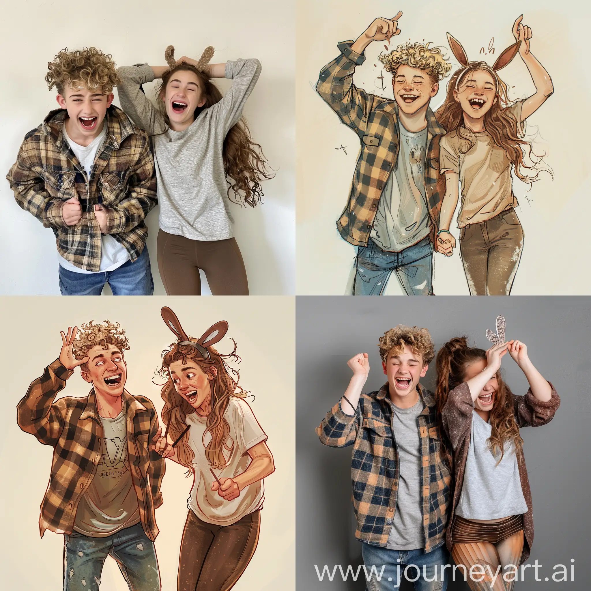 18 year old boy, short curly blonde hair, looks like walker scobell, wearing flannel jacket, wearing jeans, beside him is a girl, brown long hair, hair in a high ponytail, brown eyes, 18 years old, wearing a t-shirt, leggings, both of them are making funny face, laughing, giving the other person bunny ears behind their head