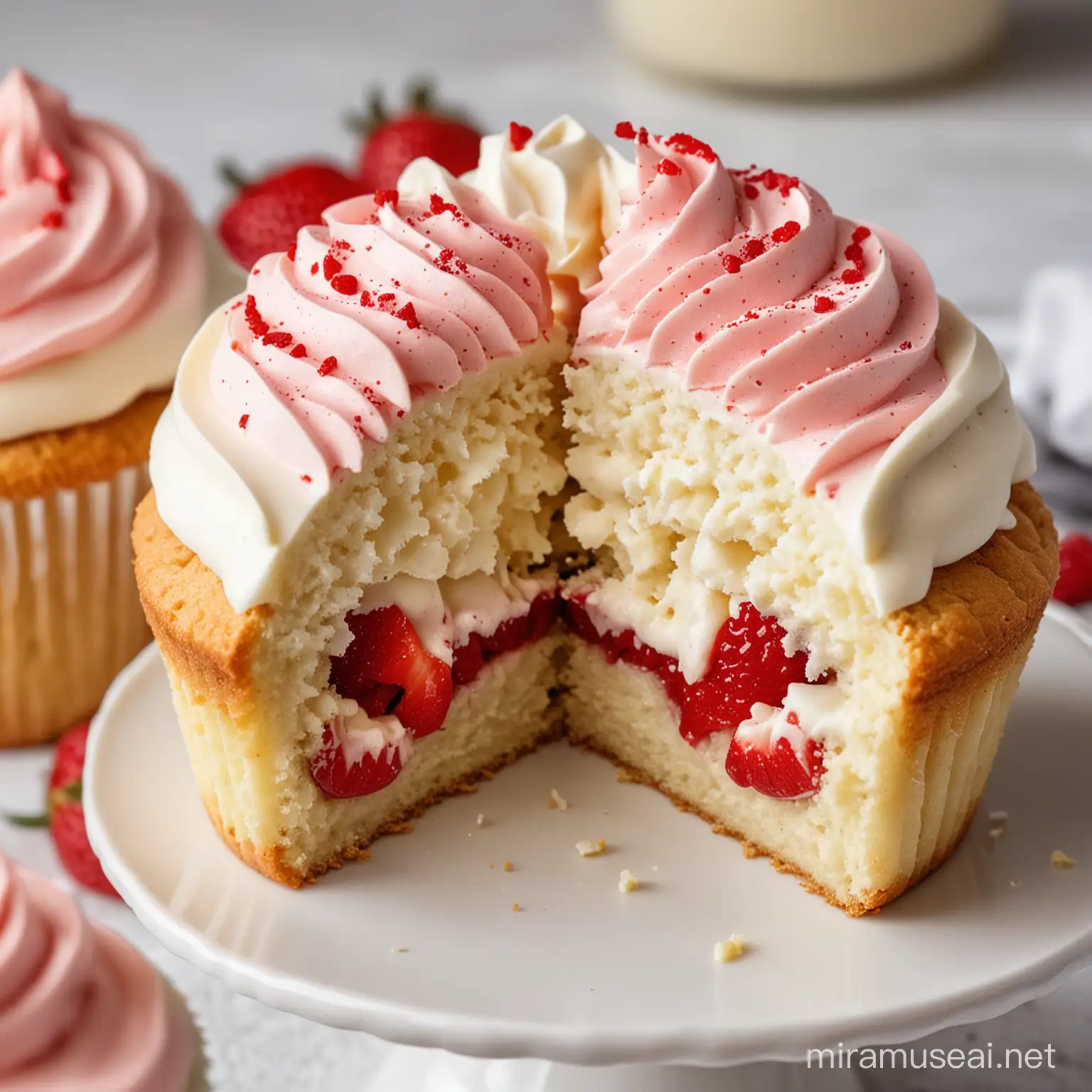 Closeup of Halved Strawberry Muffin with Decadent White Chocolate Frosting