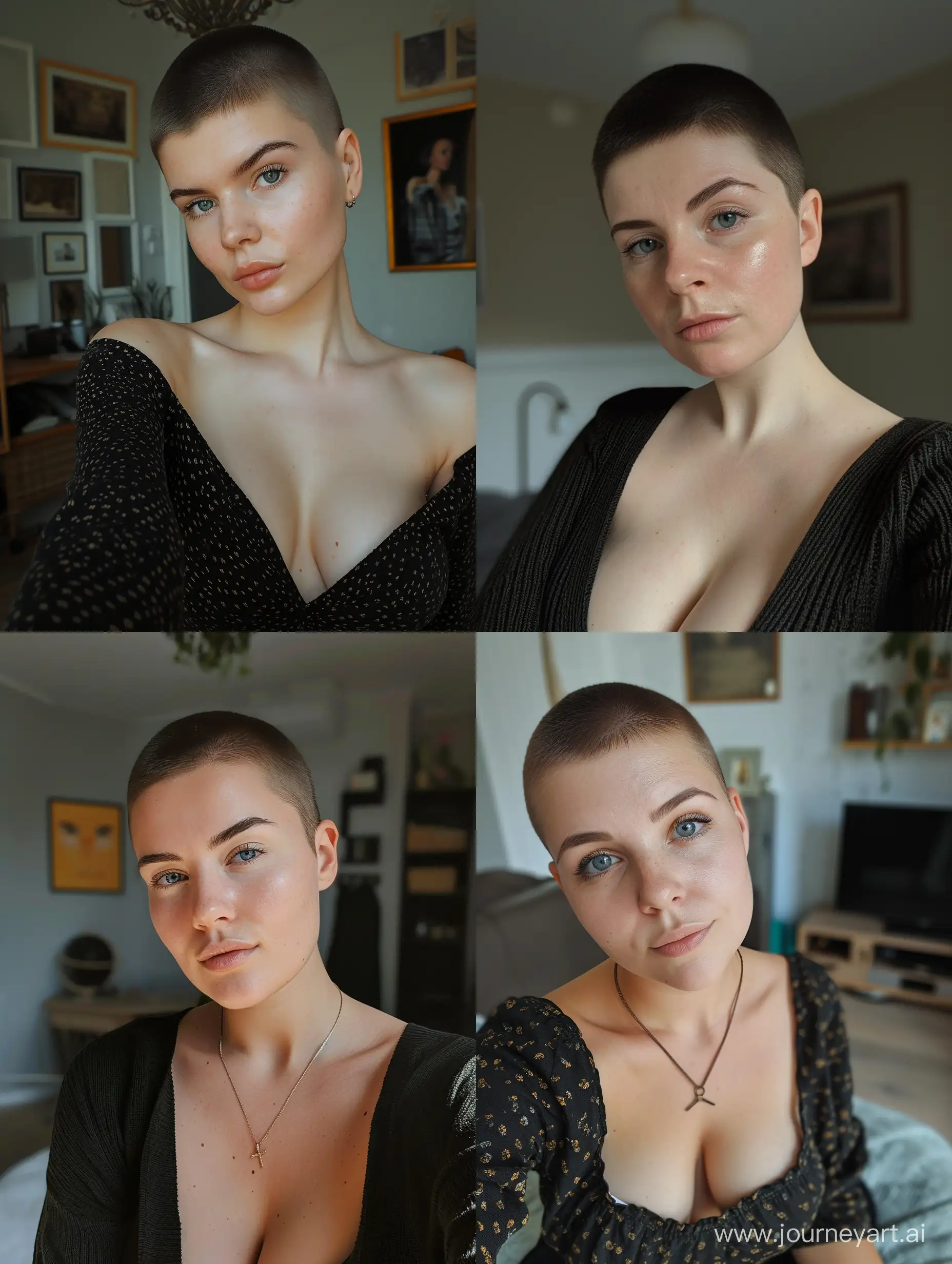 Interior selfie of a woman with short haircut, grey eyes, small breasts, shot on a low camera quality