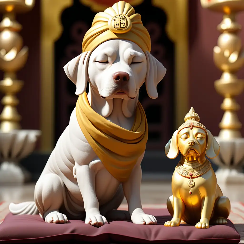 guru dog wearing a turban, meditating and looking peaceful, in monastery with a golden dog statue in a background inspired by buddha