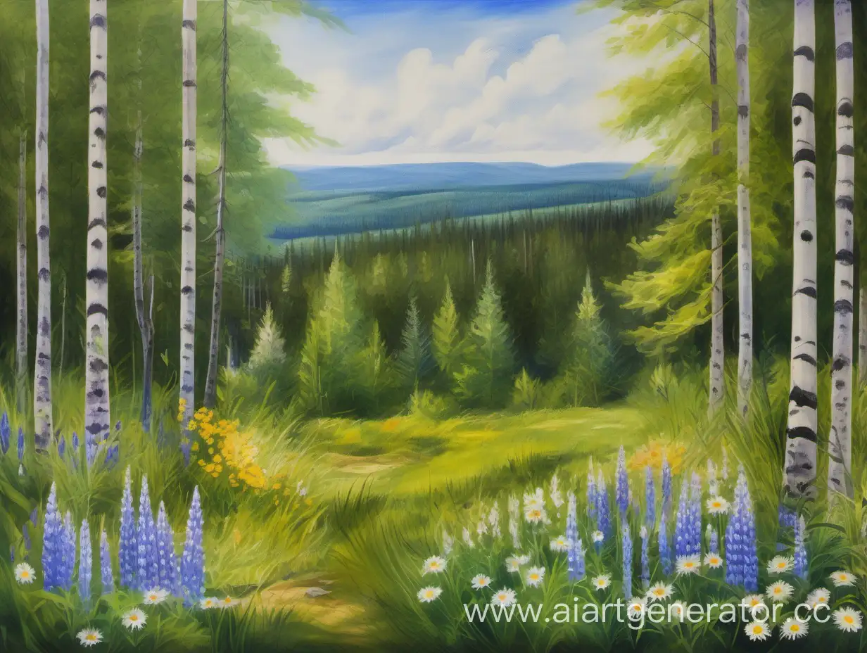 хорошо прорисованная,
 картина, на которой лето  в поле с ромашками, люпенами, с лесом сбоку, в лесу сосны, березы, осины, нарисованная маслом.