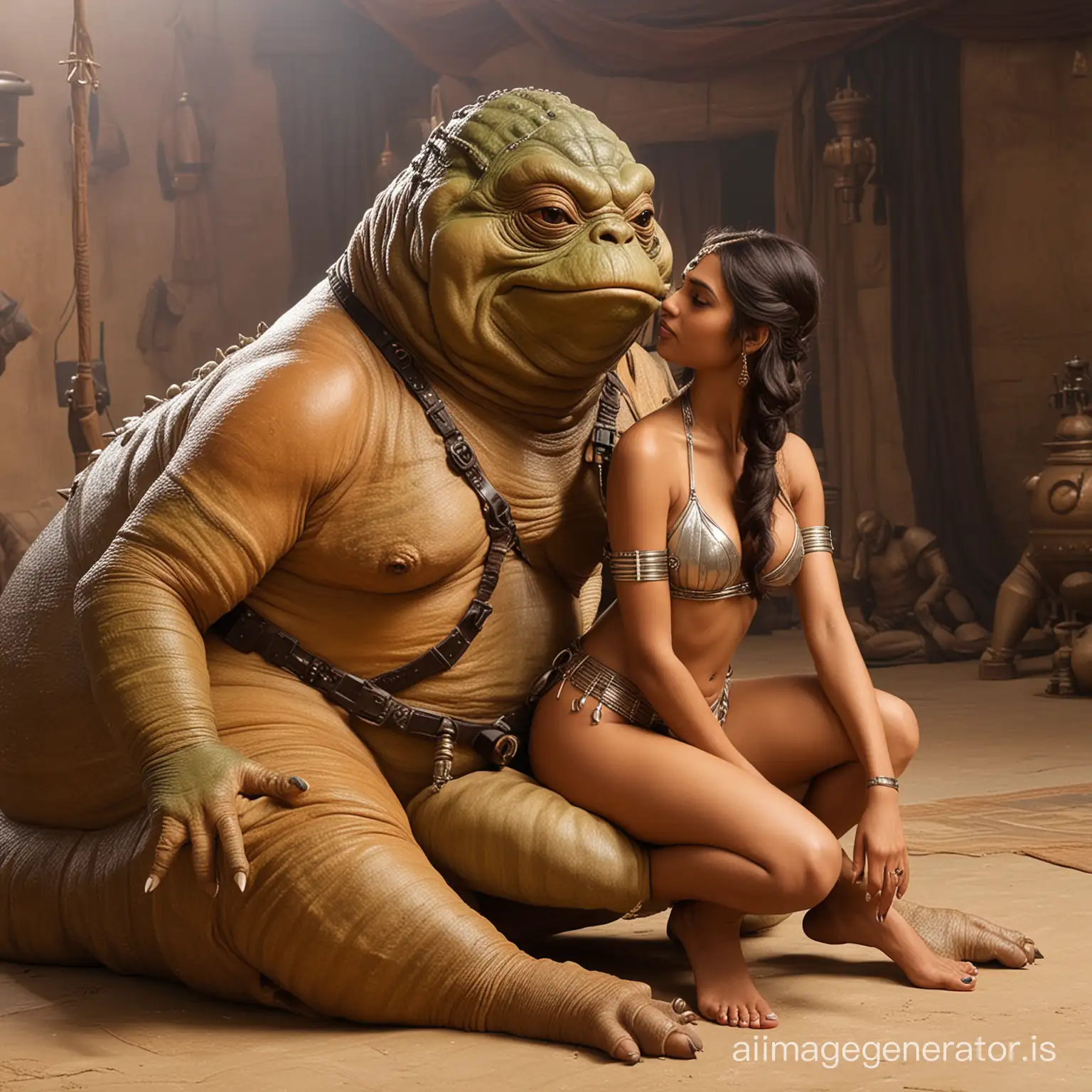 Jabba the Hutt forces his beautiful fit exotic Indian slave girl to kneel before him