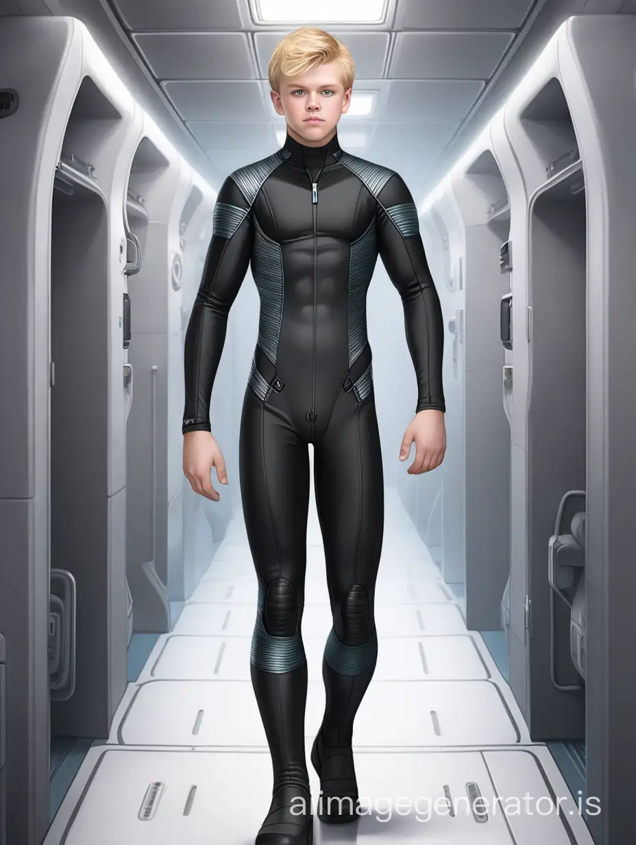 A 18-year-old white male. He is overweight. He has blond hair and a pretty smooth face. He wears a skin-tight jumpsuit, without any closure. The surface of the matte black fabric is absolutely flat, it has no closure and no zipper. You can see the bulge of his private area under the fabric; because he has a big package. The male is also wearing ankle-high boots. He stands in a spaceship hallway.